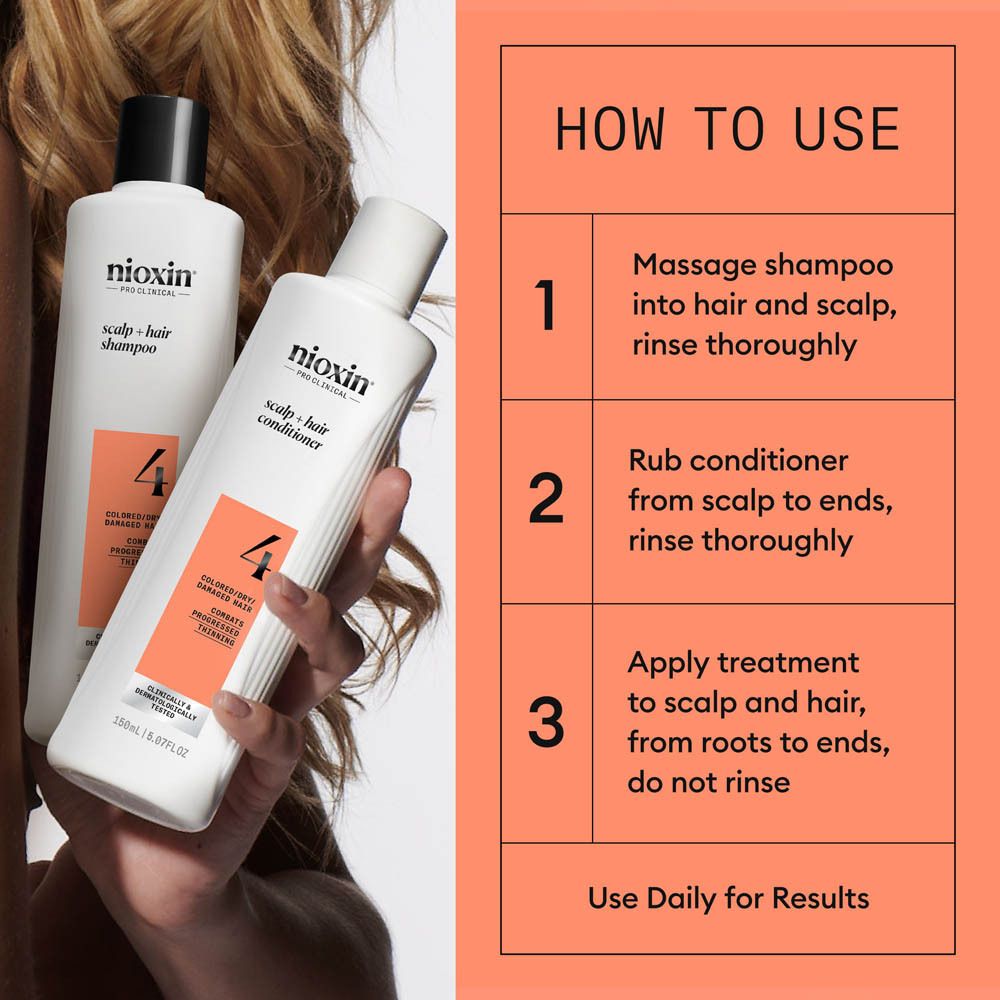 Nioxin Système 4 : Shampoo, après-shampooing et traitement densifiant pour cheveux colorés et abîmés.