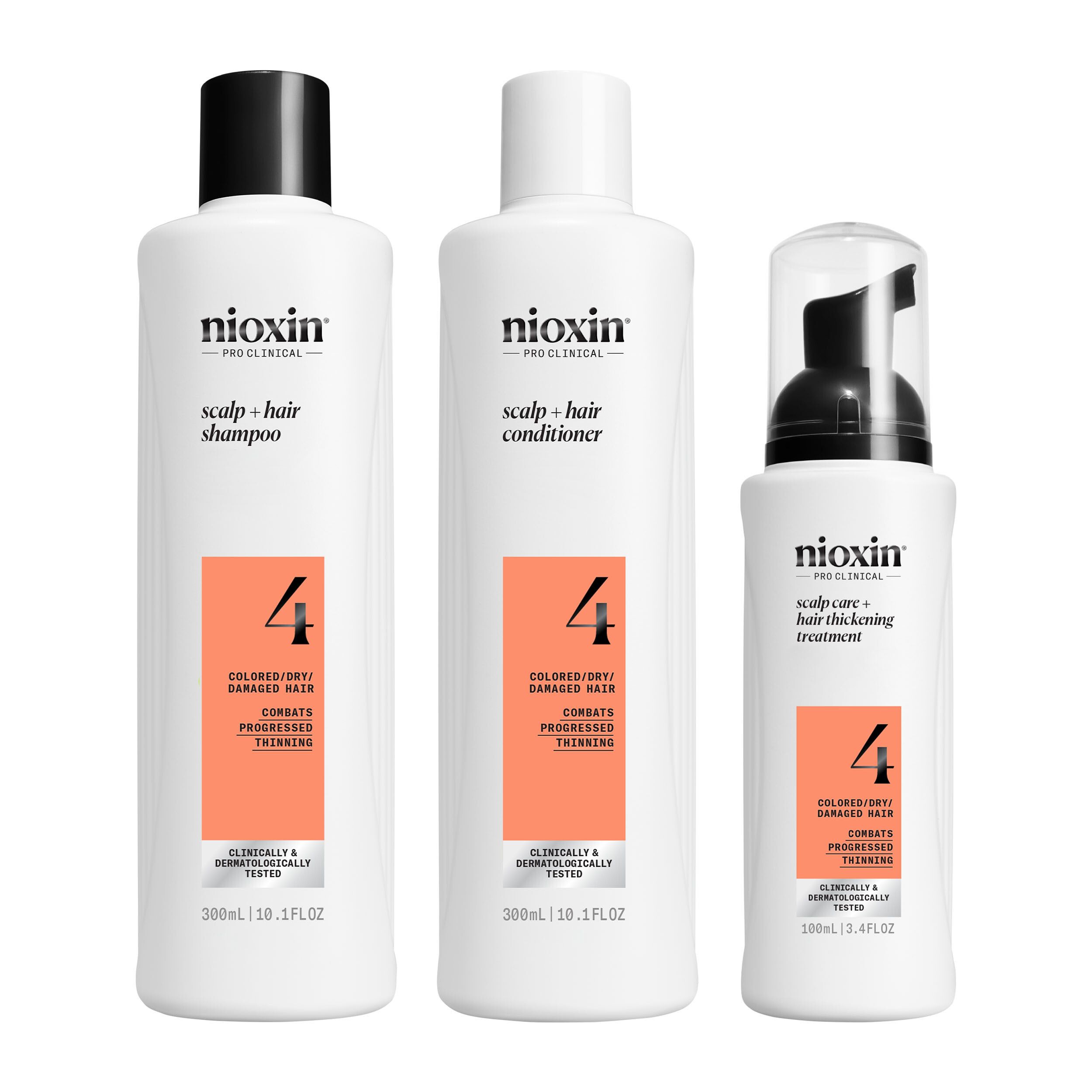 Produits Nioxin System 4 : shampooing, après-shampooing et traitement. Flacons blancs avec étiquettes orange.