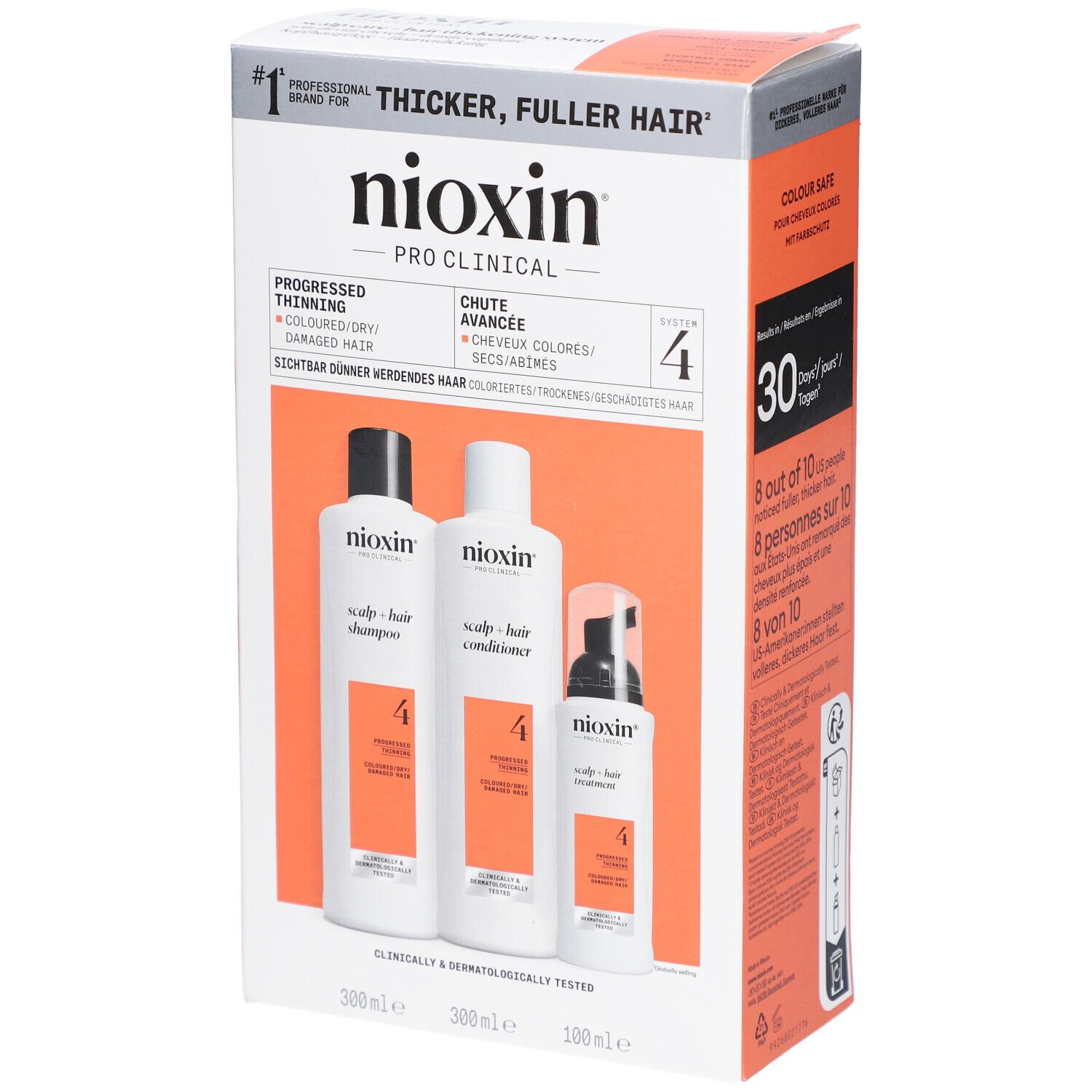 Kit Nioxin System 4. Comprend shampooing, après-shampooing et traitement. Emballage avec informations produit.