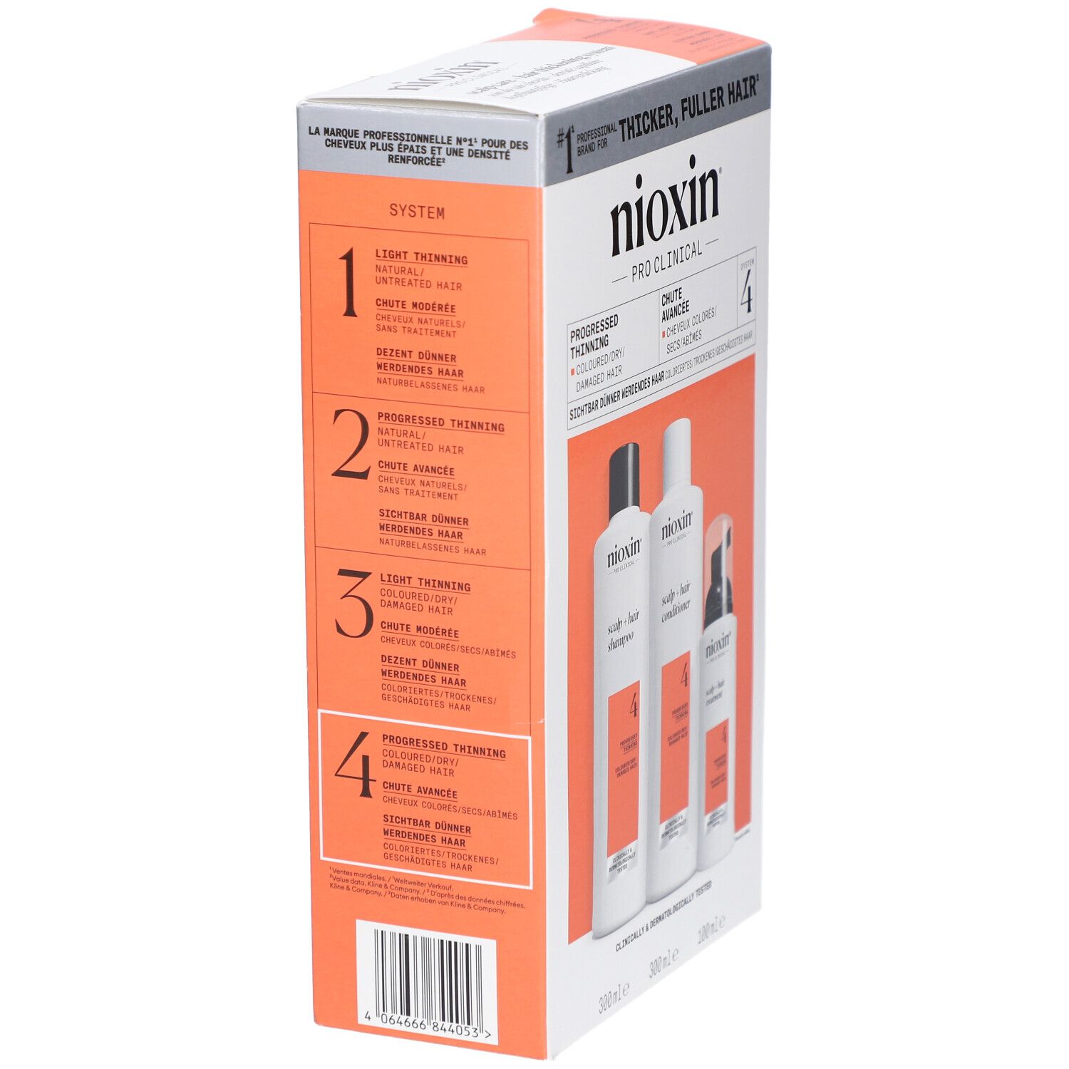 Kit Nioxin System 4. Emballage avec informations produit. Comprend shampooing, après-shampooing et traitement.