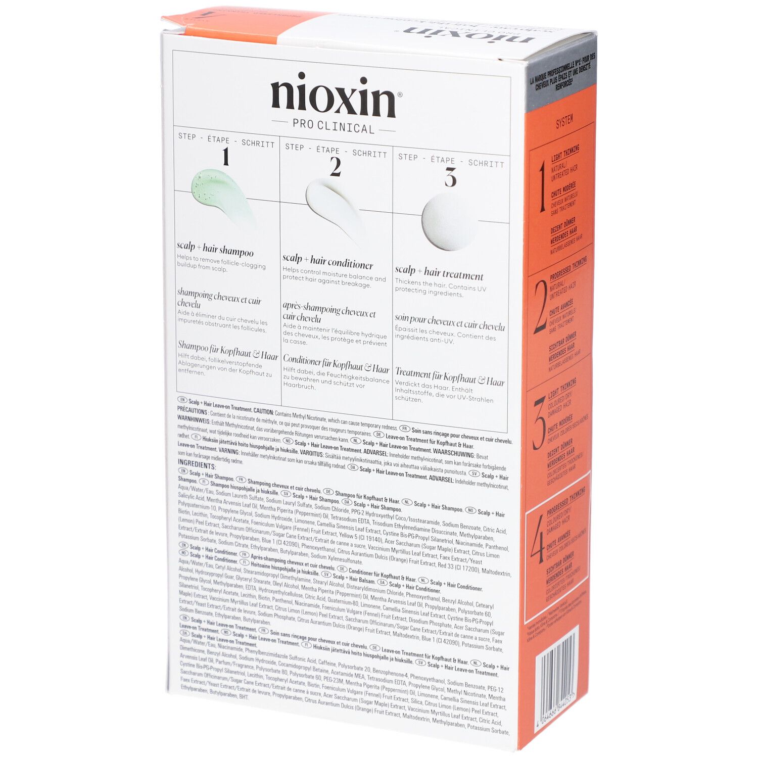 Dos du coffret Nioxin System 4. Informations produit et instructions d'utilisation multilingues.