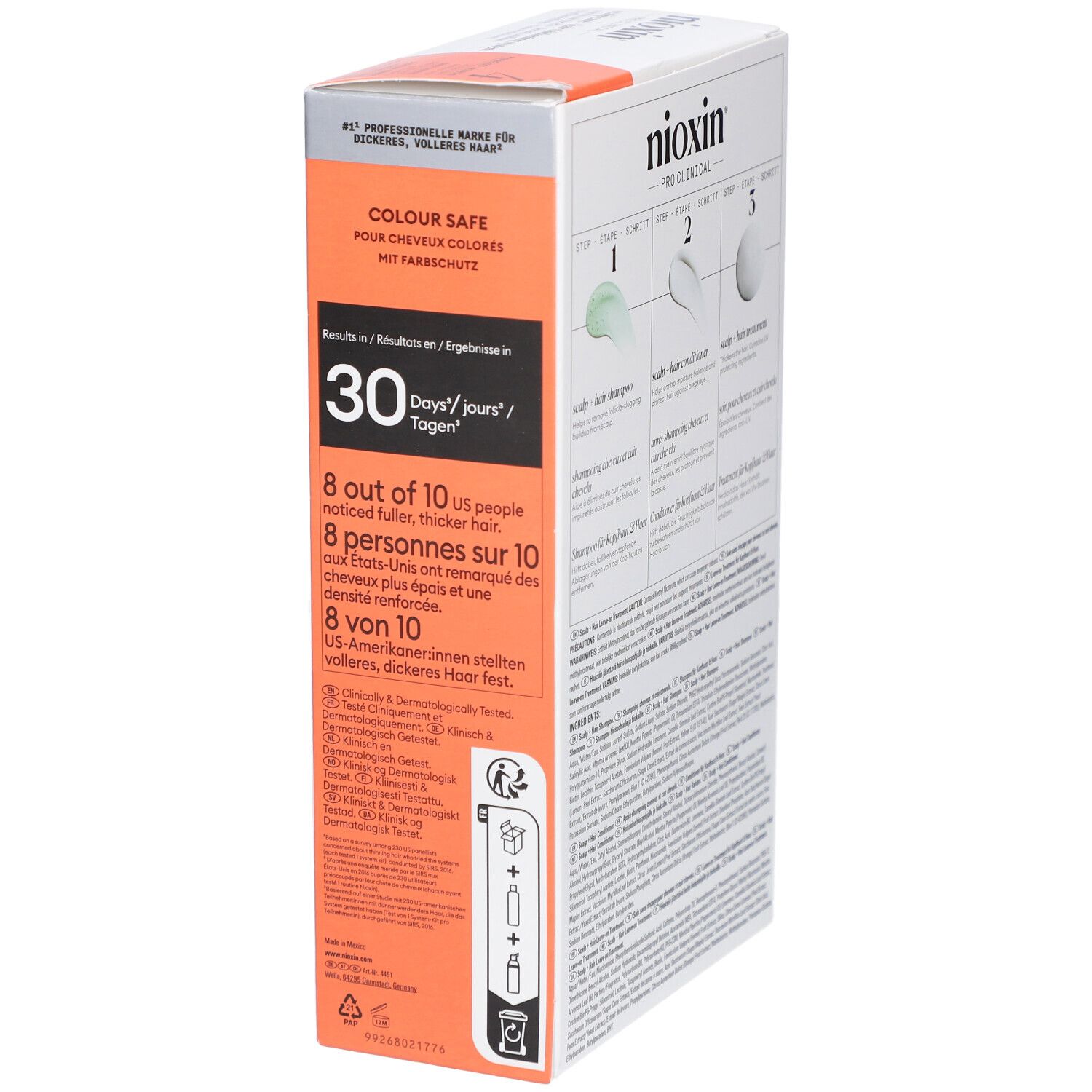 Emballage Nioxin System 4. Contient des informations sur l'efficacité et les ingrédients. Multilingue.