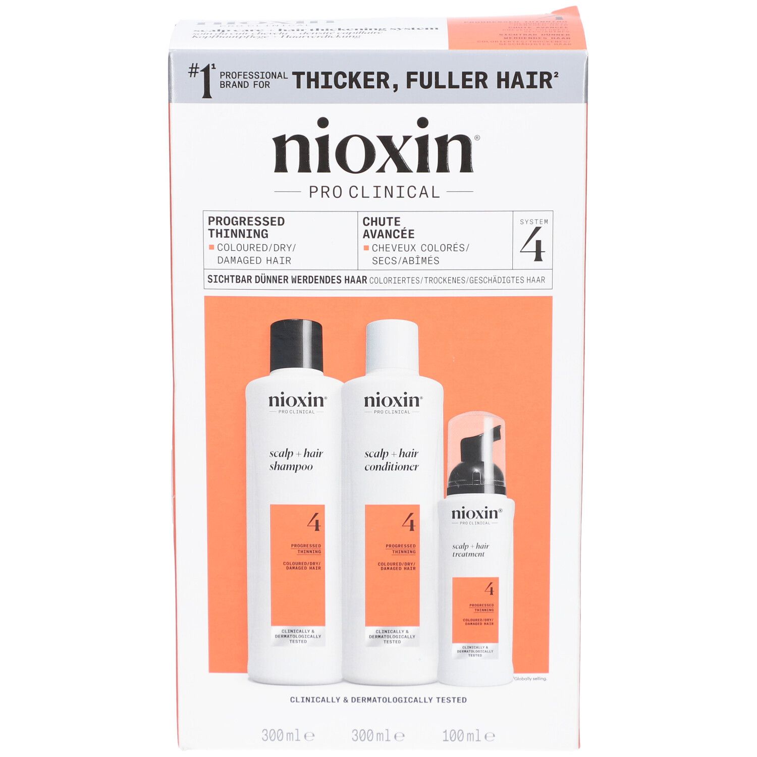 Kit Nioxin System 4. Comprend shampooing, après-shampooing et traitement. Emballage avec informations produit.