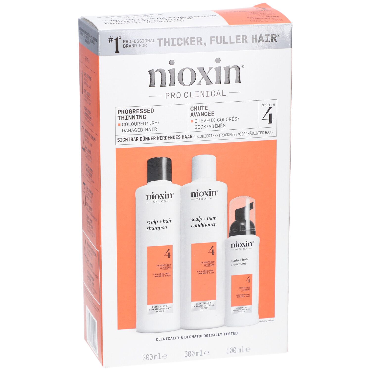 Kit Nioxin System 4. Comprend shampooing, après-shampooing et traitement. Emballage avec informations produit.