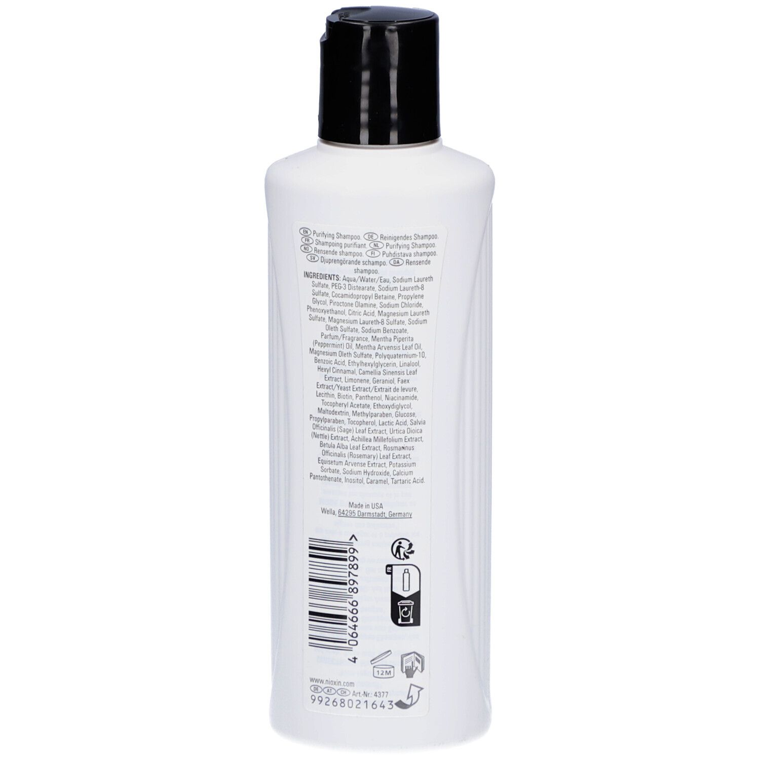 Dos d'un flacon blanc, bouchon noir. Texte: Ingrédients, code-barres, symbole de recyclage.