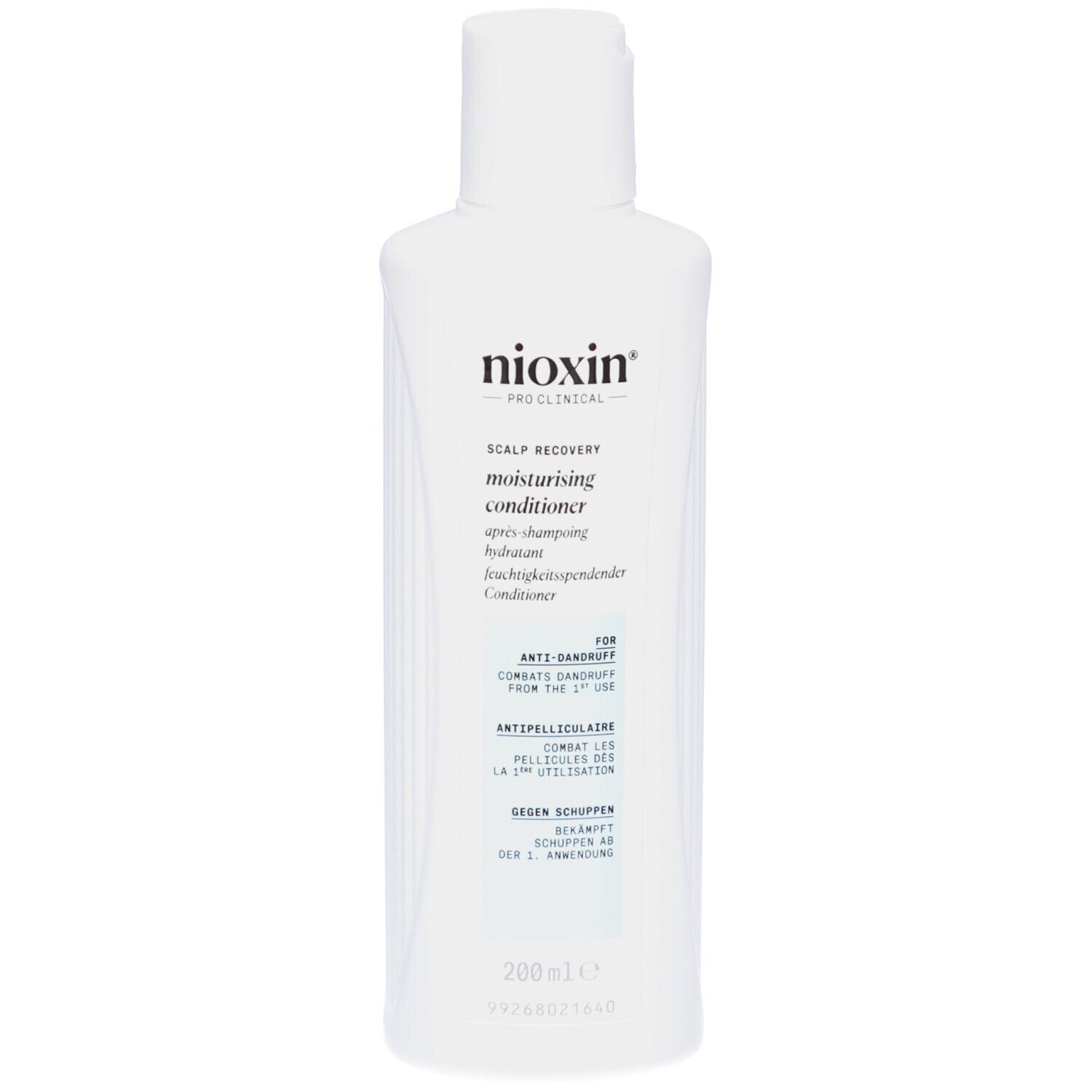 Flacon blanc Nioxin Scalp Recovery. Texte: Anti-pelliculaire, après-shampooing hydratant. 200ml.