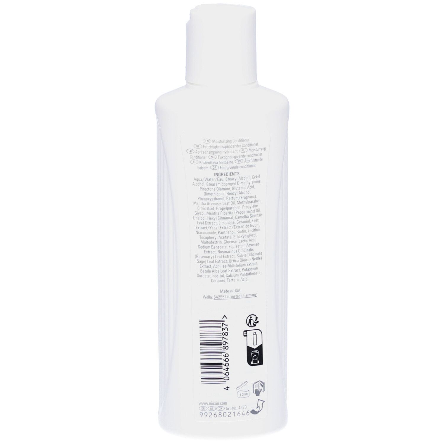Dos d'un flacon blanc Nioxin Scalp Recovery. Texte: Ingrédients, code-barres, instructions.