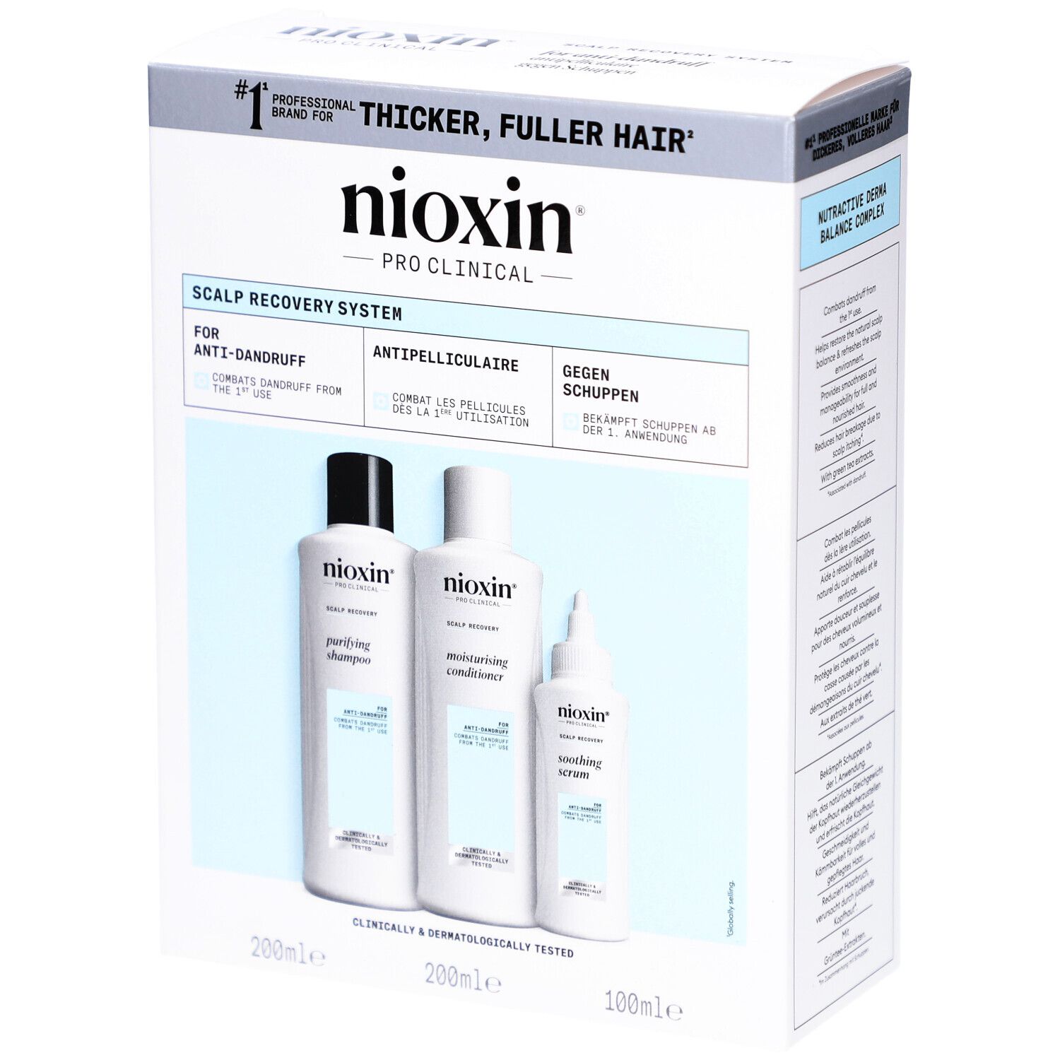 Kit Nioxin Scalp Recovery. Boîte avec trois produits : shampooing, revitalisant et sérum. Design blanc et bleu. Texte : Anti-pelliculaire.