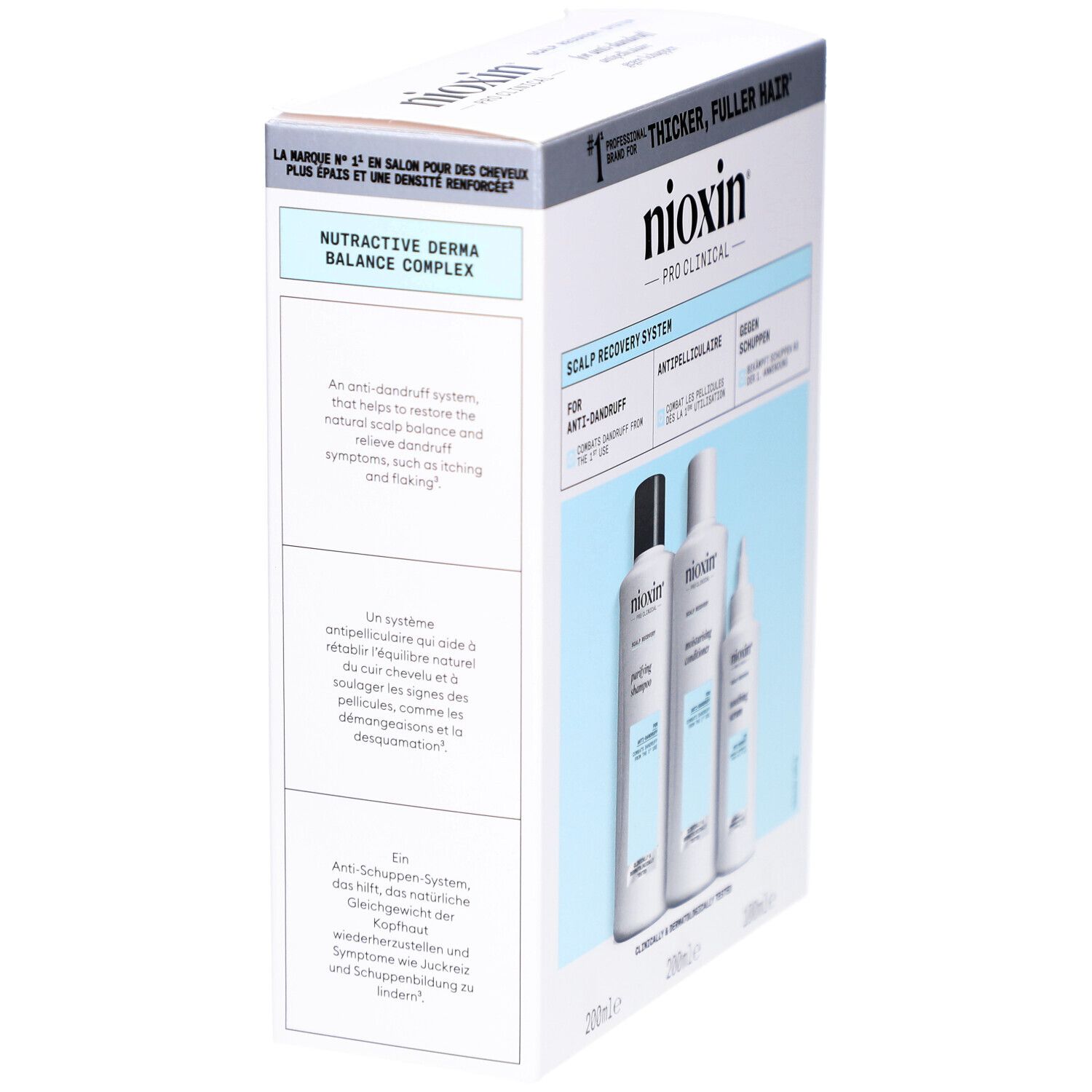 Kit Nioxin Scalp Recovery. Boîte, vue latérale. Contient shampooing, revitalisant et sérum. Texte : Anti-pelliculaire. Design bleu et blanc.