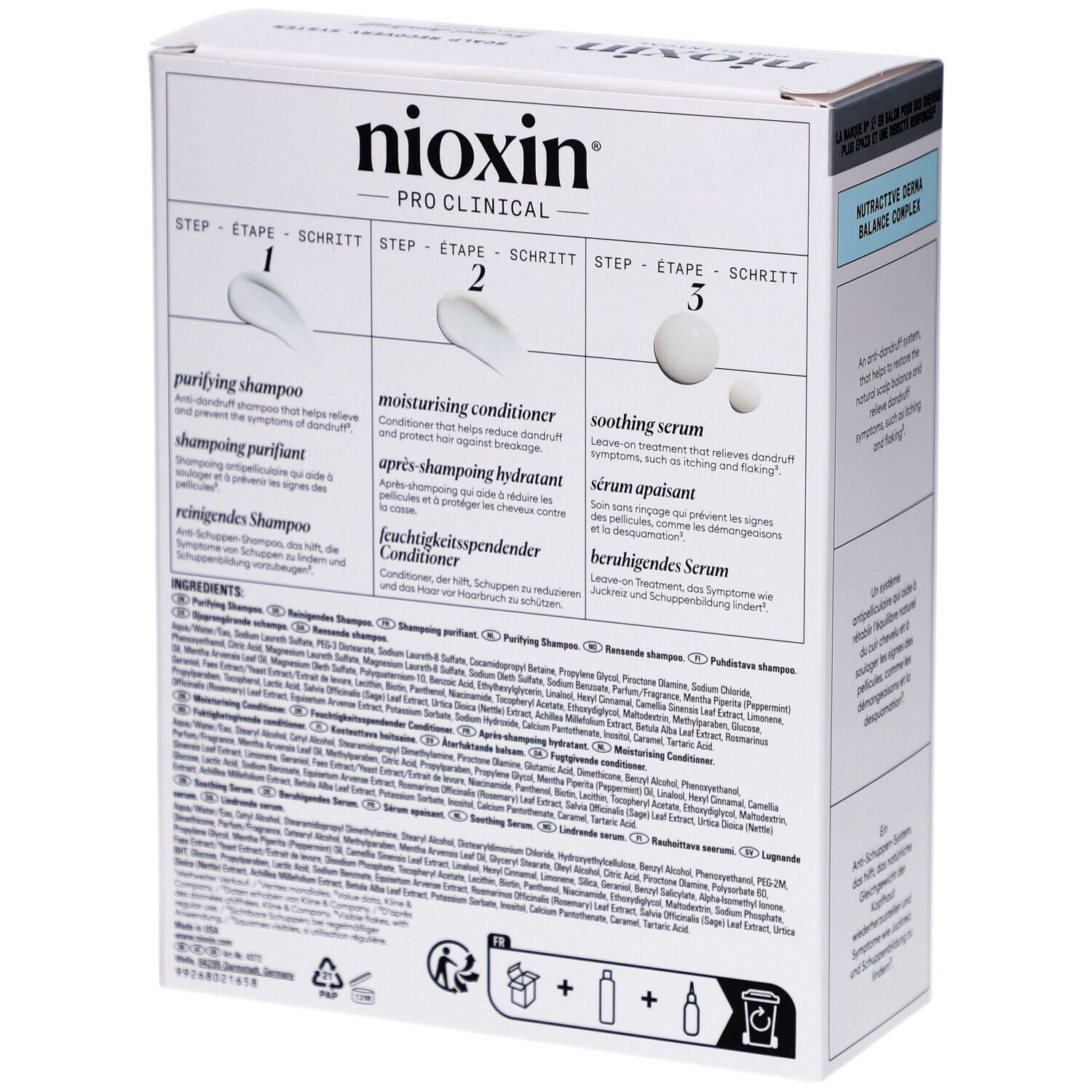Dos de la boîte du kit Nioxin Scalp Recovery. Contient des informations sur les ingrédients et l'utilisation. Design blanc et bleu.
