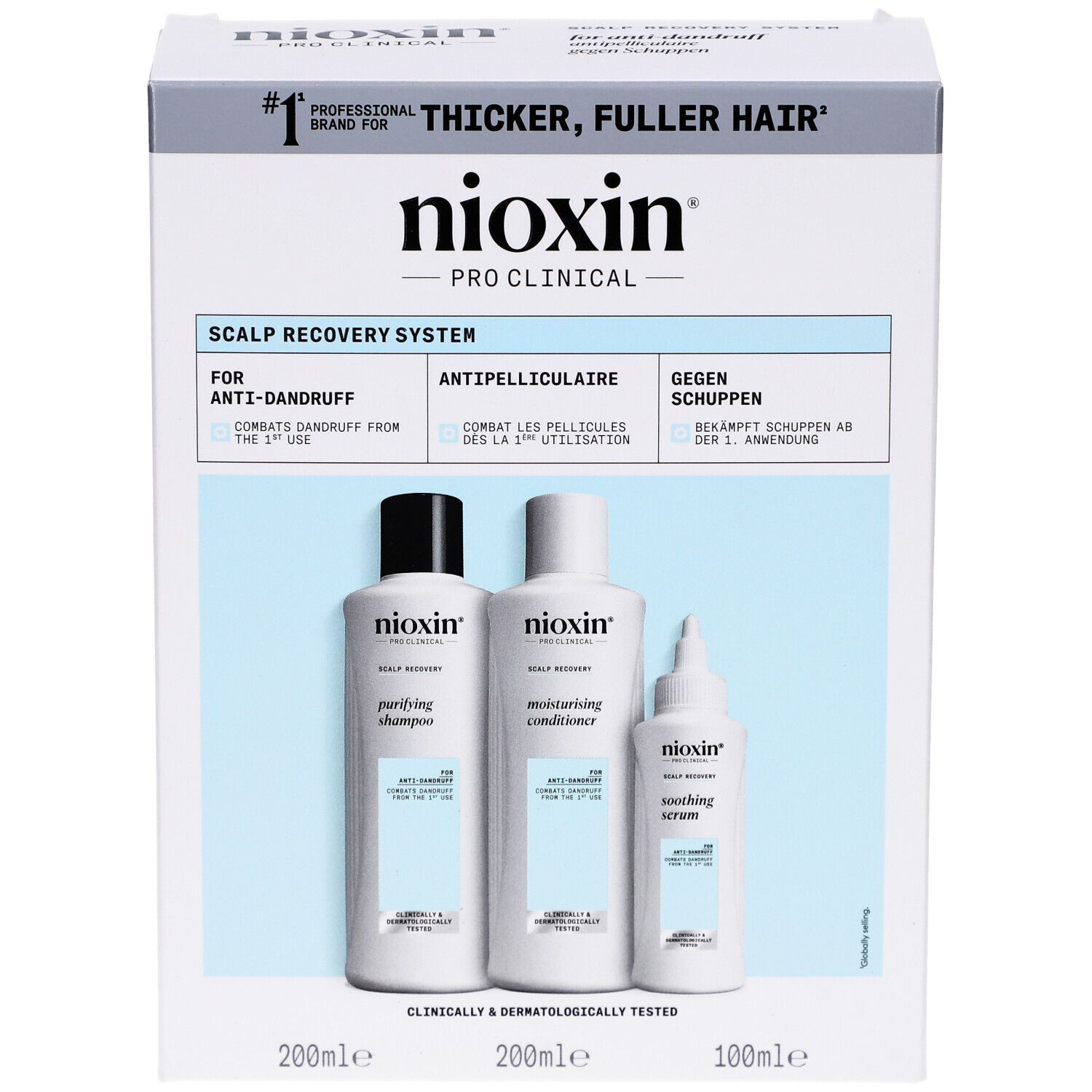 Kit Nioxin Scalp Recovery. Boîte avec trois produits : shampooing, revitalisant et sérum. Design blanc et bleu. Texte : Anti-pelliculaire.