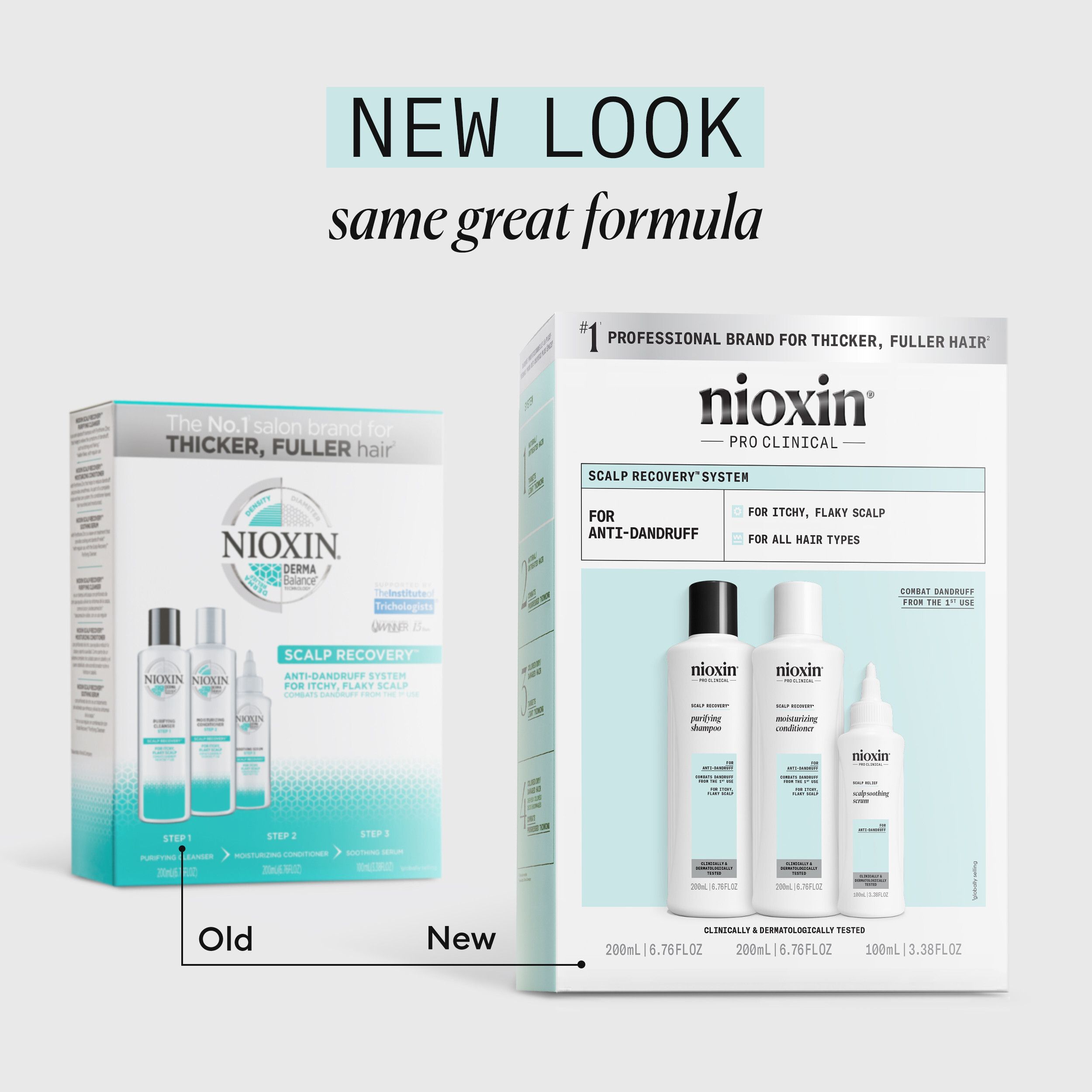 Comparaison : ancien et nouveau kit Nioxin Scalp Recovery. Les deux montrent les produits dans une boîte. Nouveau design.