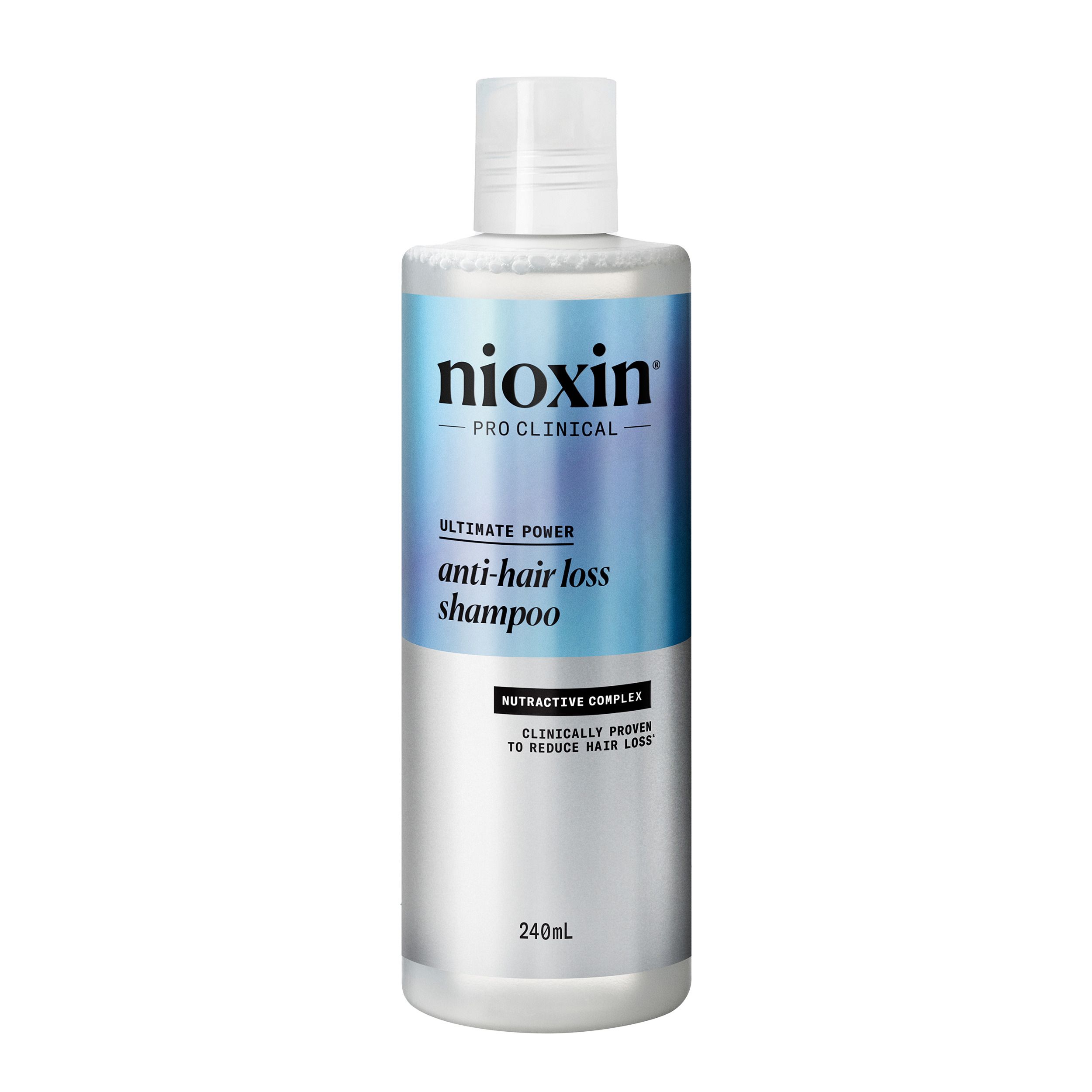 Shampooing anti-chute Nioxin Pro Clinical. Flacon blanc, étiquette bleu-argenté. Texte: Ultimate Power, 240 ml.