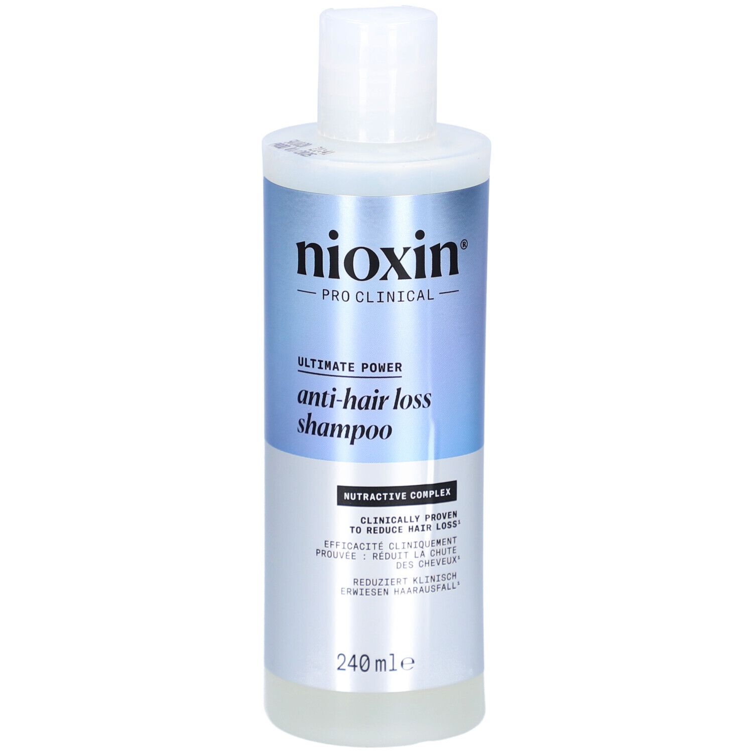 Shampoo anti-chute Nioxin Pro Clinical. Flacon blanc, étiquette bleu-argenté. Texte: Ultimate Power, 240 ml.