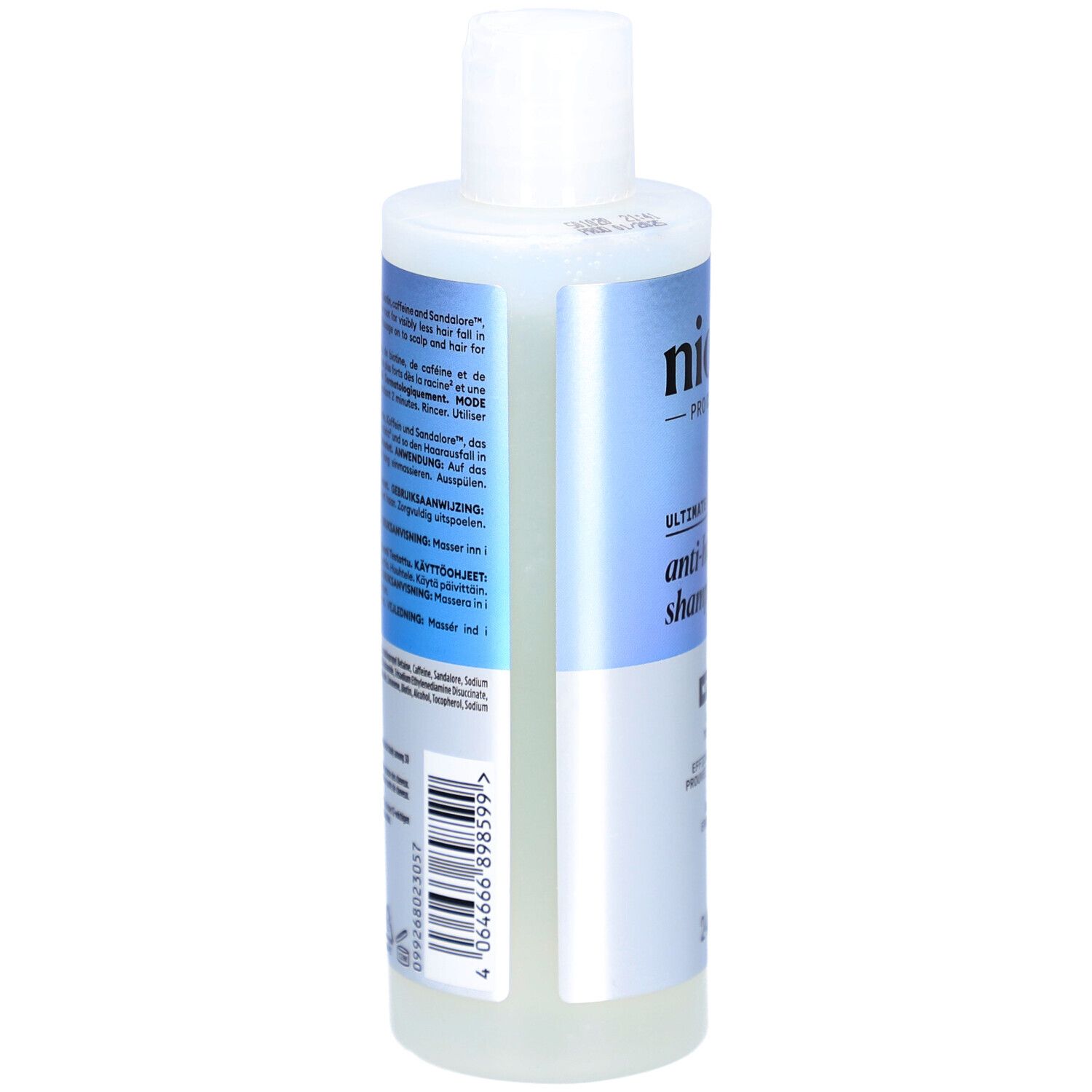 Dos du flacon de shampooing Nioxin. Flacon blanc avec texte et code-barres. Contient des informations sur le produit.
