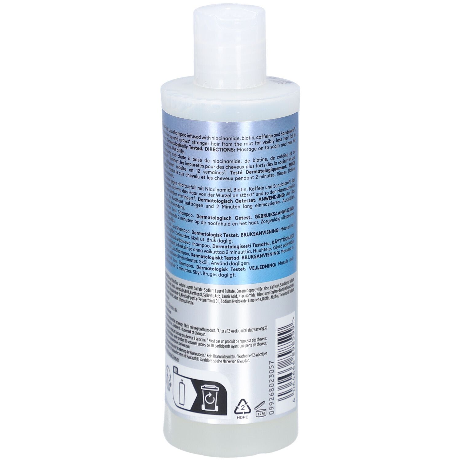 Dos du flacon de shampooing Nioxin. Flacon blanc avec texte. Contient des informations sur le produit et l'utilisation.