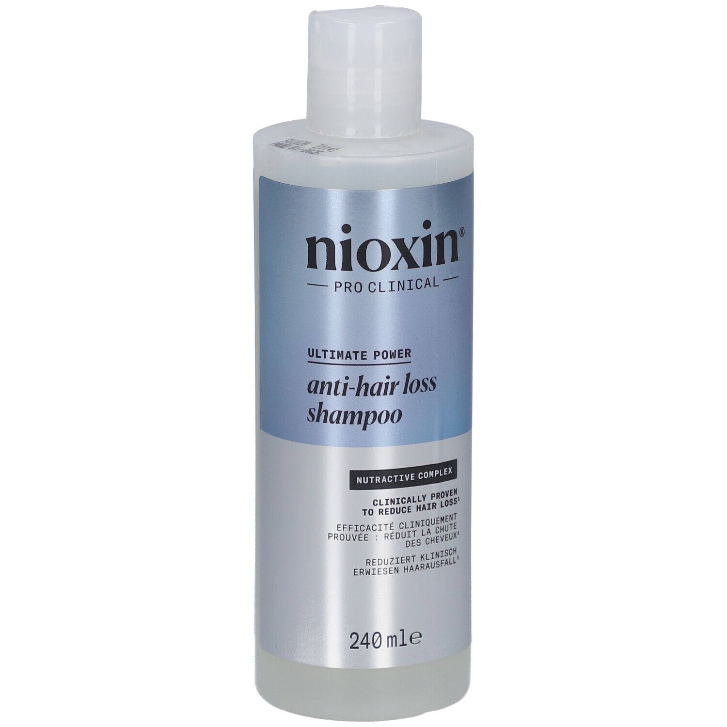 Shampooing anti-chute Nioxin Pro Clinical. Flacon blanc, étiquette bleu-argenté. Texte: Ultimate Power, 240 ml.