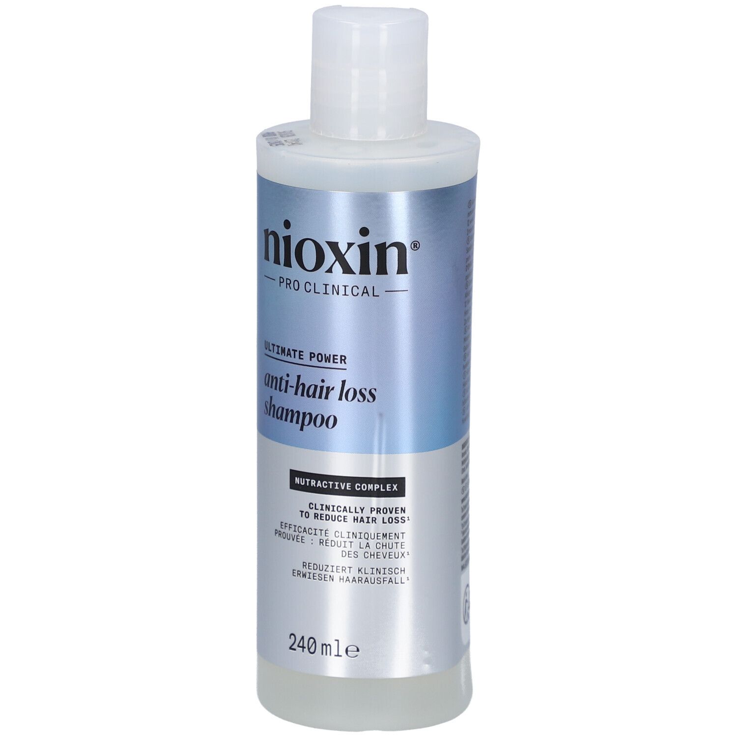 Shampooing anti-chute Nioxin Pro Clinical. Flacon blanc, étiquette bleu-argenté. Texte: Ultimate Power, 240 ml.