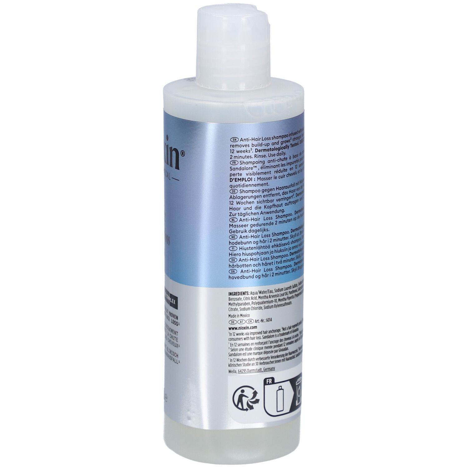 Dos du flacon de shampooing Nioxin. Flacon blanc avec texte. Contient des informations sur le produit et l'utilisation.