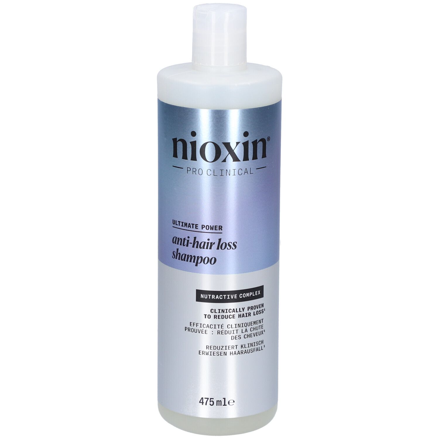 Shampooing anti-chute Nioxin. Bouteille blanche avec étiquette bleu-argenté. Contient du texte en plusieurs langues.