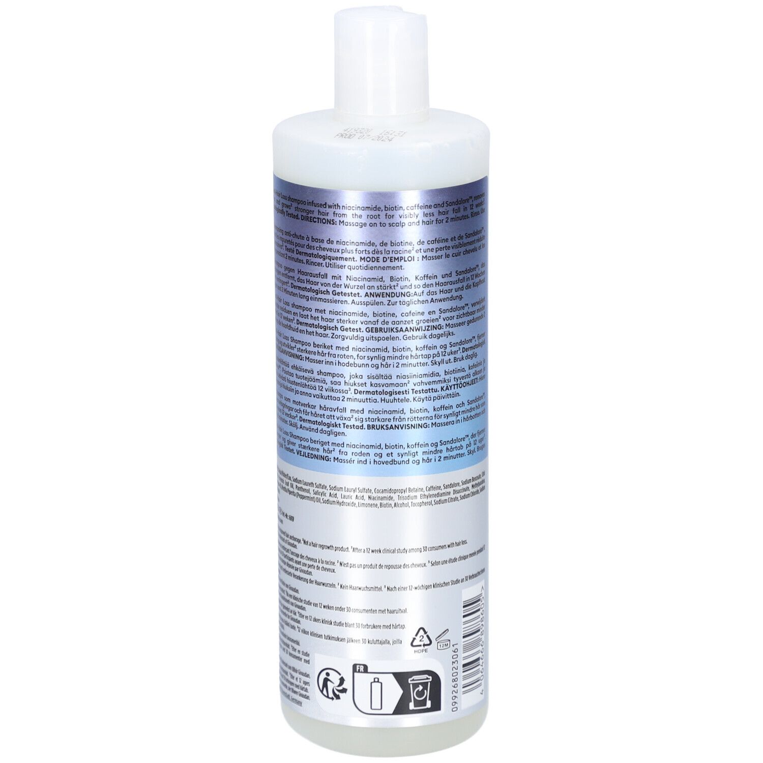 Dos de la bouteille de shampooing Nioxin. Contient du texte en plusieurs langues, y compris des informations d'utilisation.