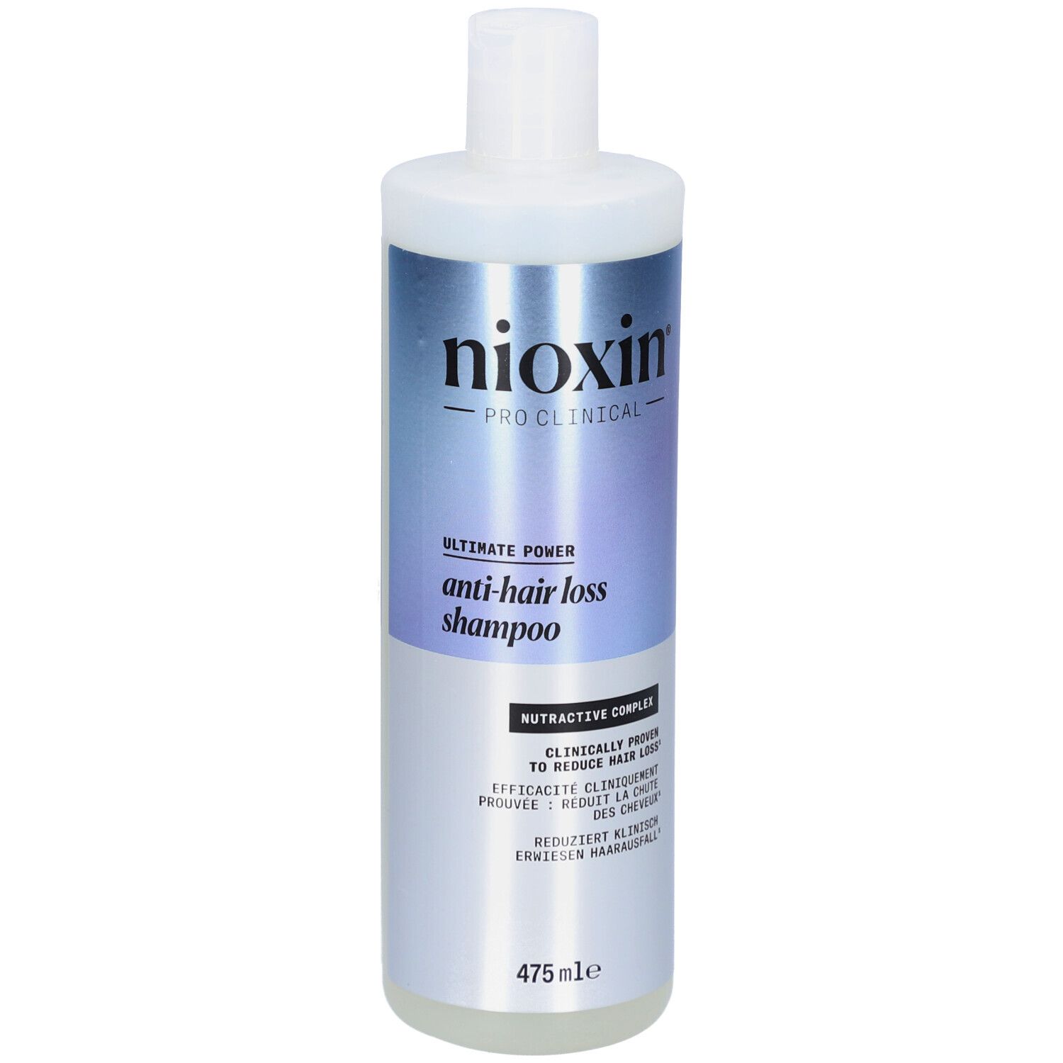 Shampooing anti-chute Nioxin. Bouteille blanche avec étiquette bleu-argenté. Contient du texte en plusieurs langues.