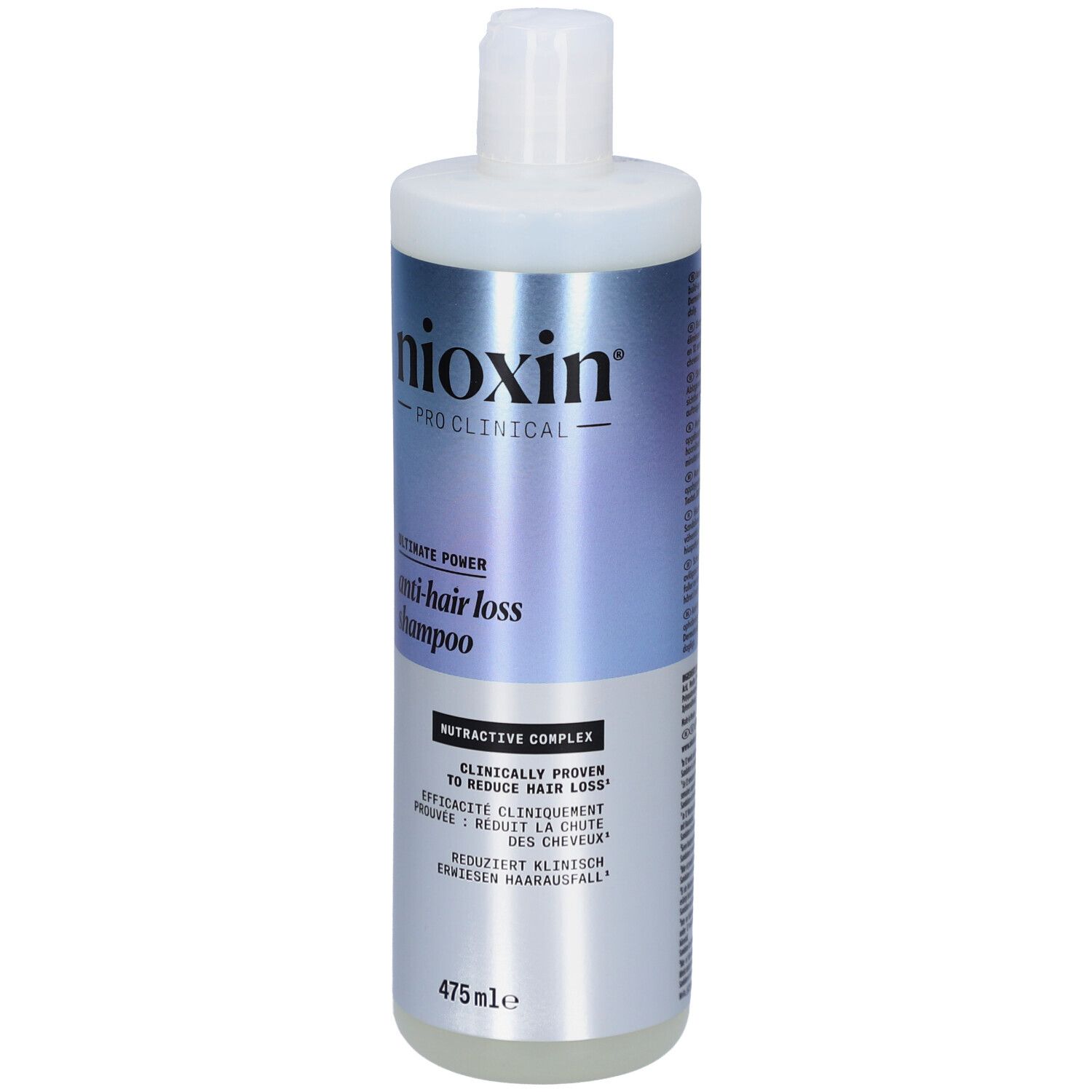Shampooing anti-chute Nioxin. Bouteille blanche avec étiquette bleu-argenté. Contient du texte en plusieurs langues.