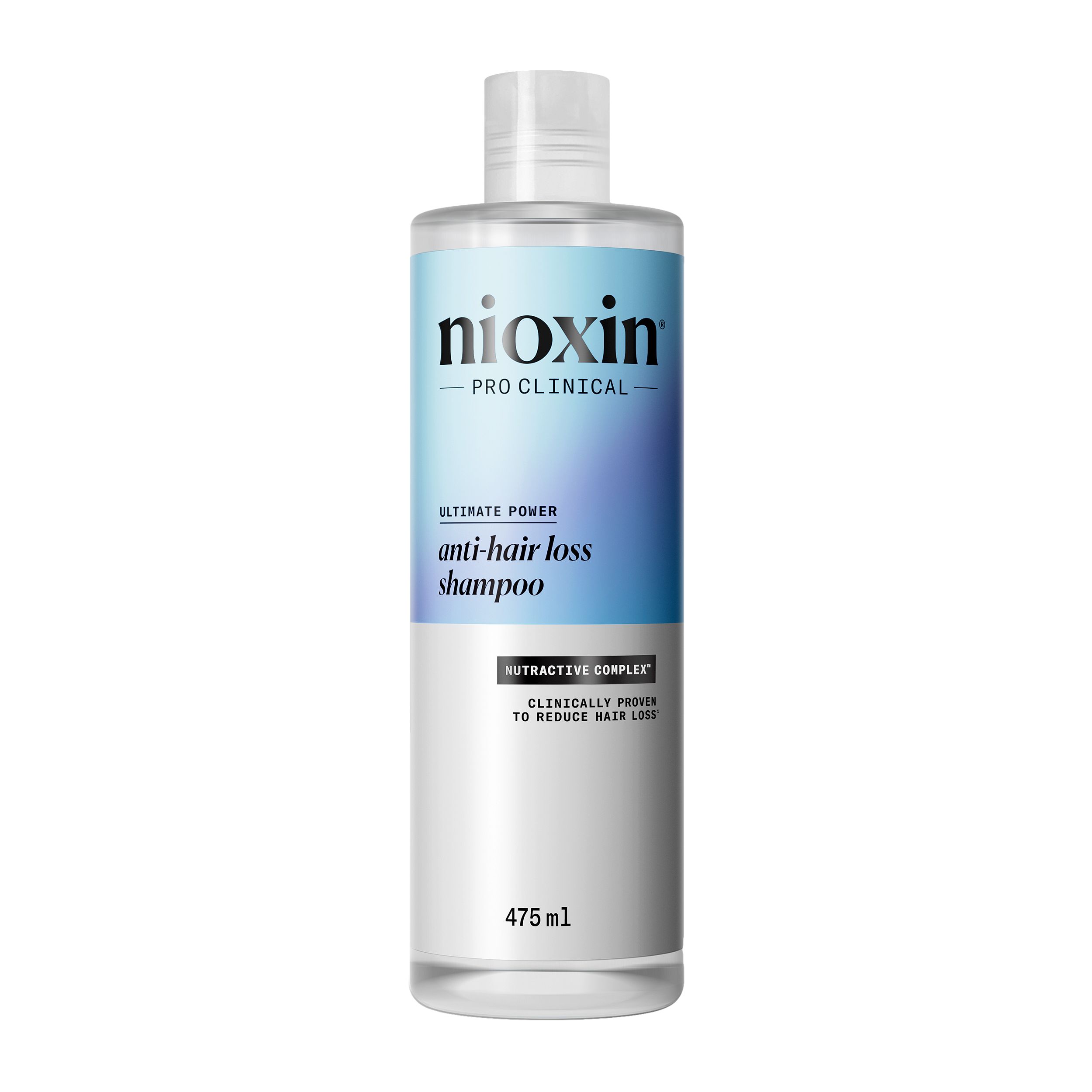 Shampooing anti-chute Nioxin. Bouteille blanche avec étiquette bleu-argenté. Contient du texte en plusieurs langues.