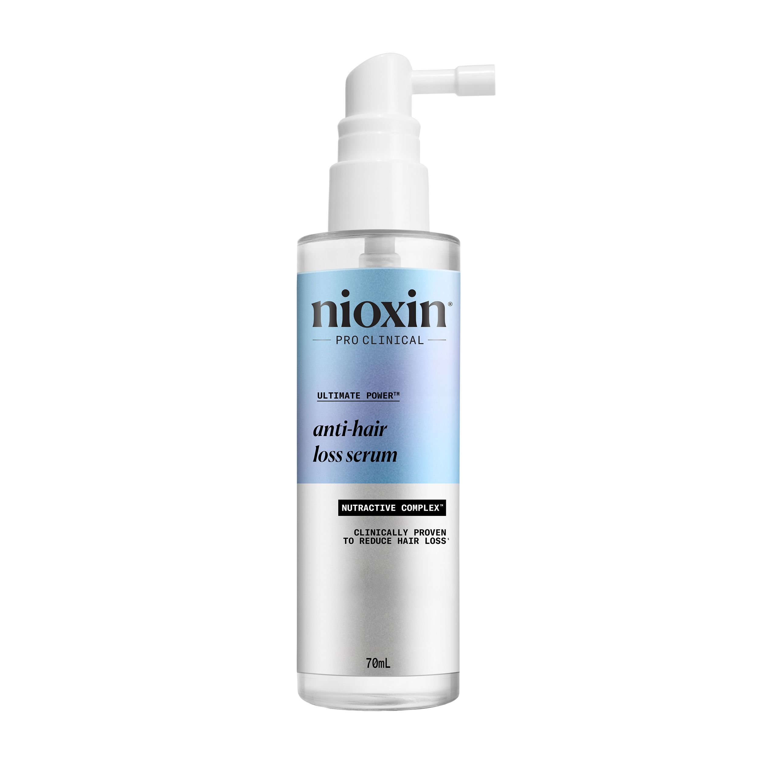 Flacon de sérum avec pompe. Inscriptions: Nioxin, sérum anti-chute, 70ml.