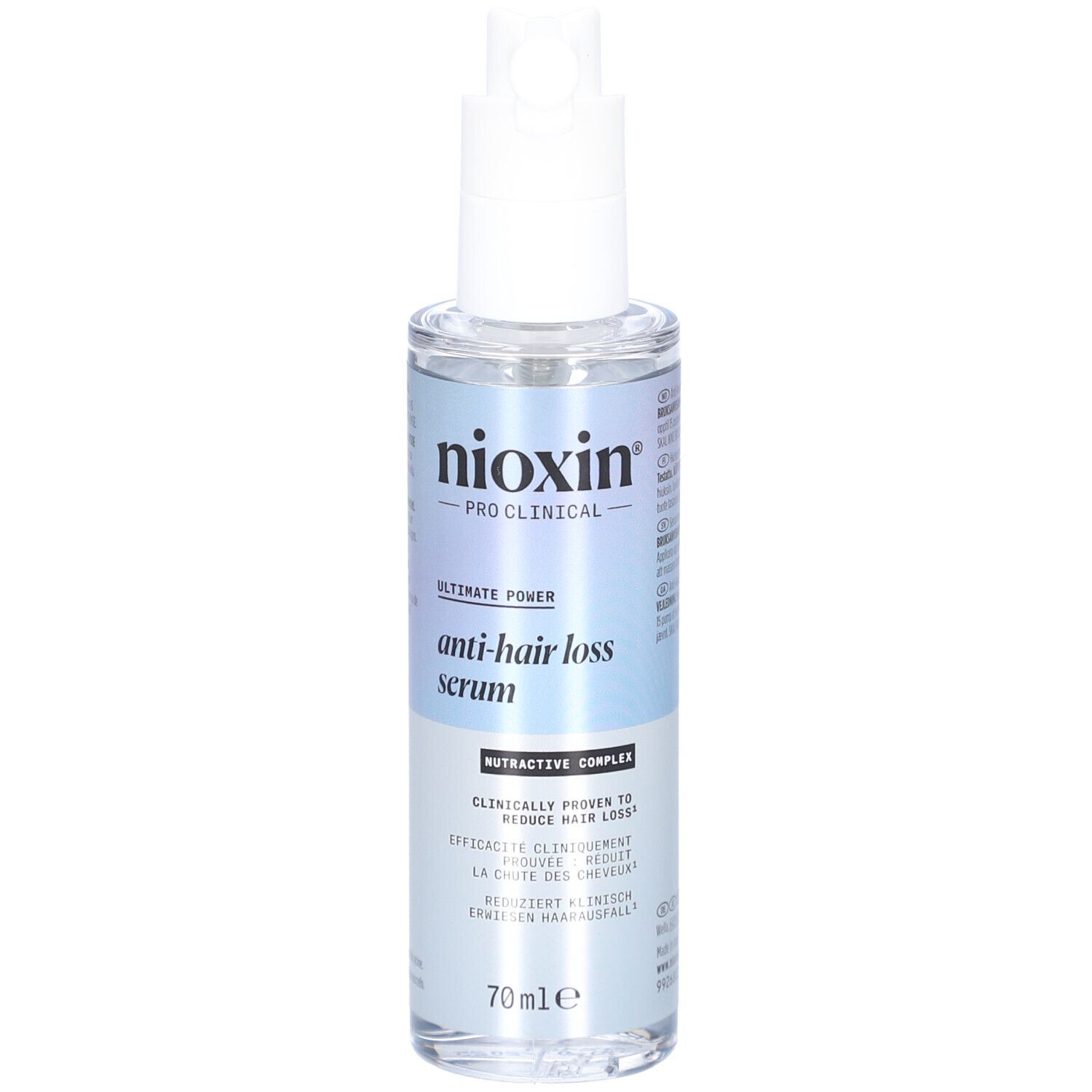 Sérum clair en flacon avec pompe. Inscriptions: Nioxin, sérum anti-chute, 70ml.