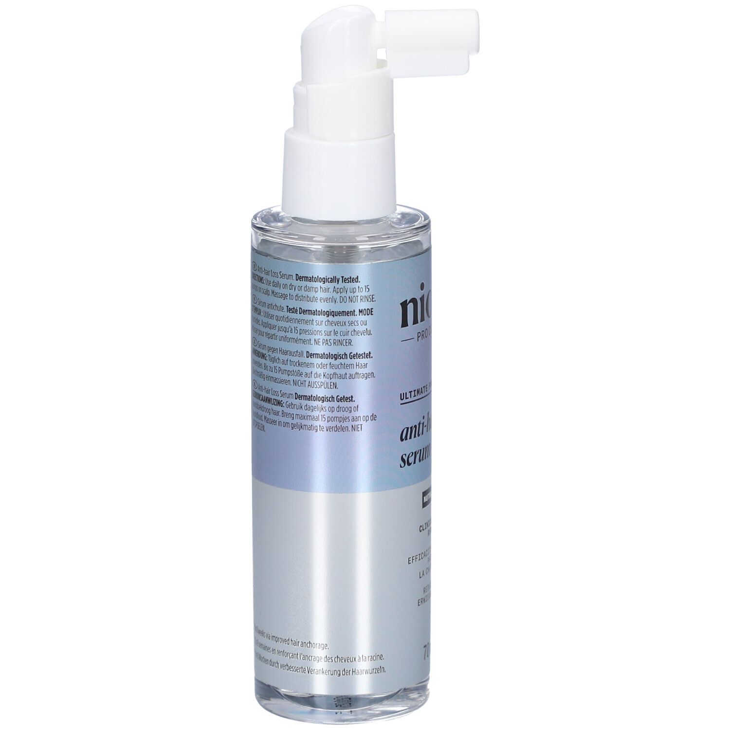 Vue arrière du flacon de sérum avec pompe. Inscriptions: Nioxin, sérum anti-chute, 70ml. Texte multilingue.