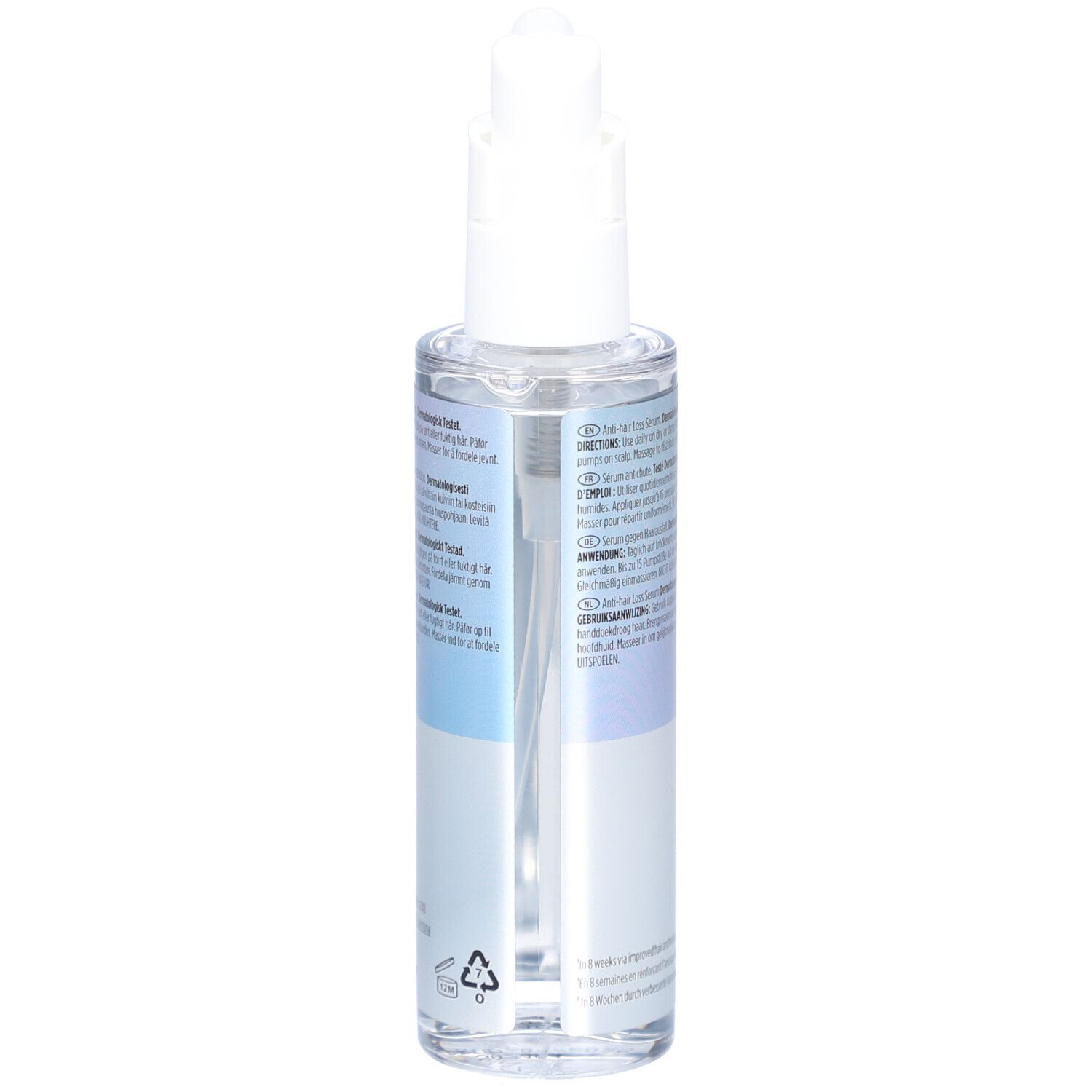 Vue arrière du flacon de sérum avec pompe. Inscriptions: Nioxin, sérum anti-chute, 70ml. Texte multilingue.