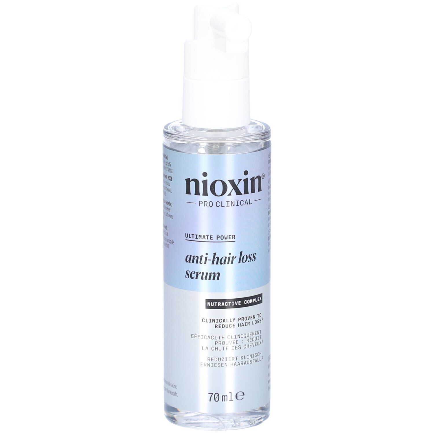 Flacon de sérum avec pompe. Inscriptions: Nioxin, sérum anti-chute, 70ml. Texte multilingue.