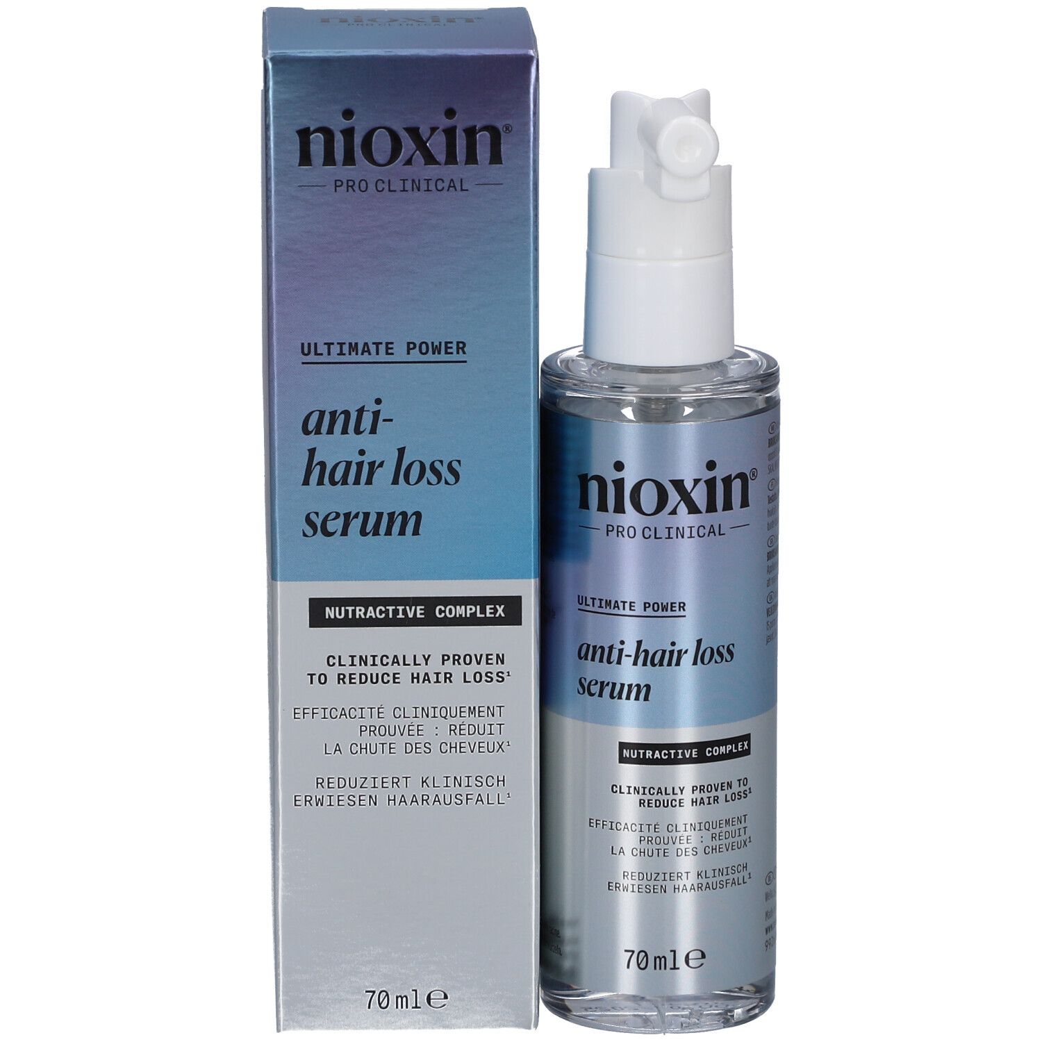Flacon de sérum et emballage. Inscriptions: Nioxin, sérum anti-chute, 70ml. Emballage avec texte.