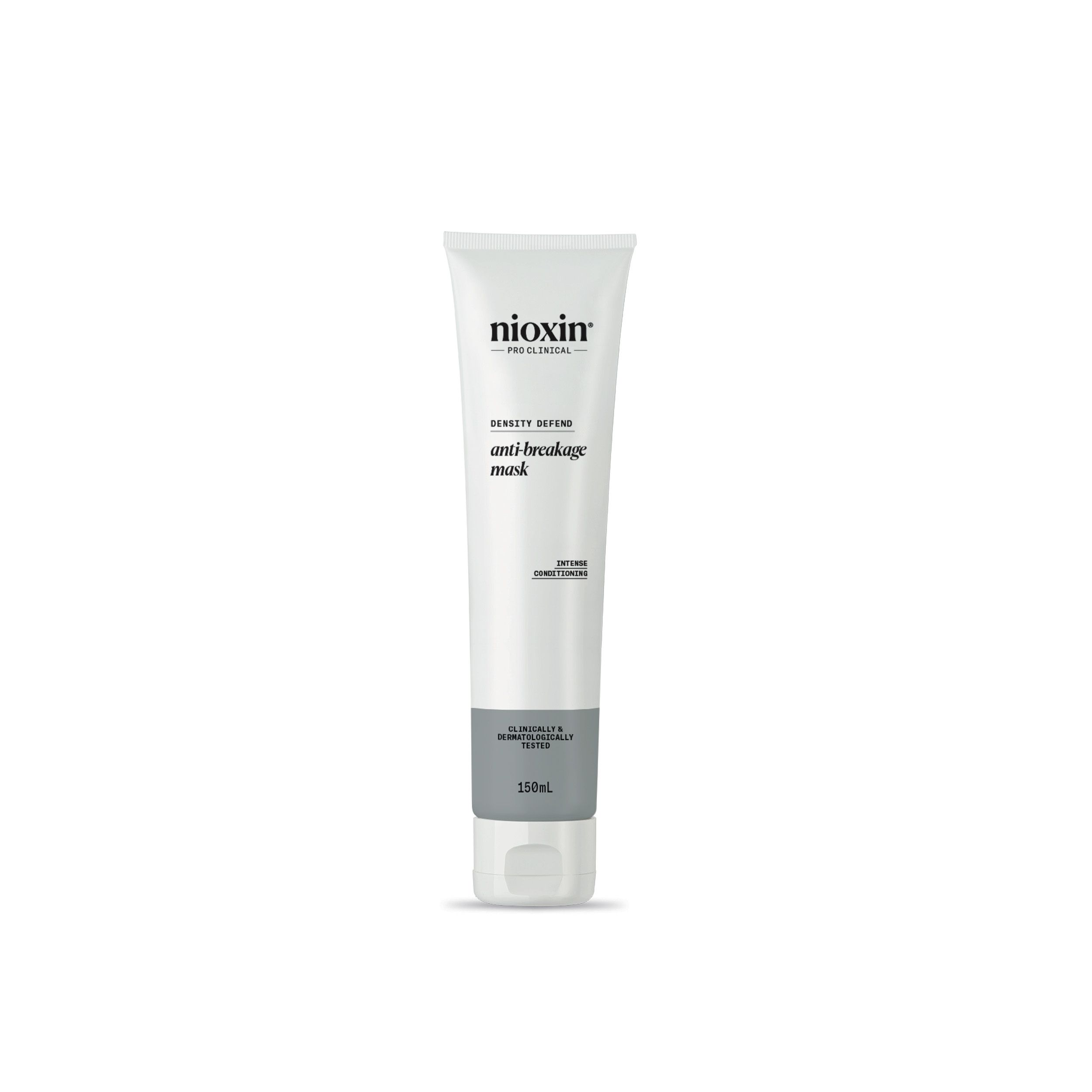 Tube blanc Nioxin. Texte: Anti-Breakage Mask. Masque anti-casse. 150ml. Testé cliniquement et dermatologiquement.
