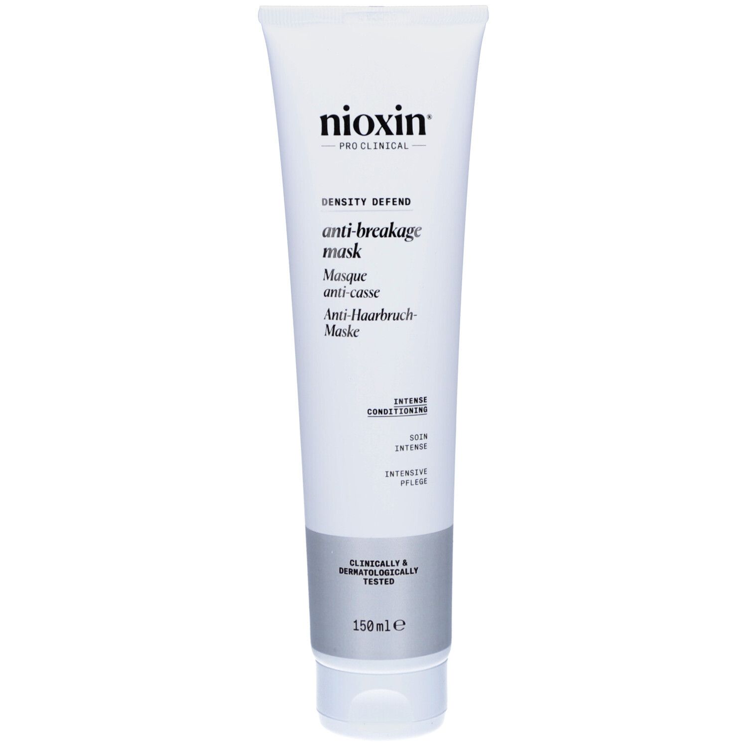 Tube blanc Nioxin. Texte: Anti-Breakage Maske. Masque anti-casse. 150ml. Testé cliniquement et dermatologiquement.