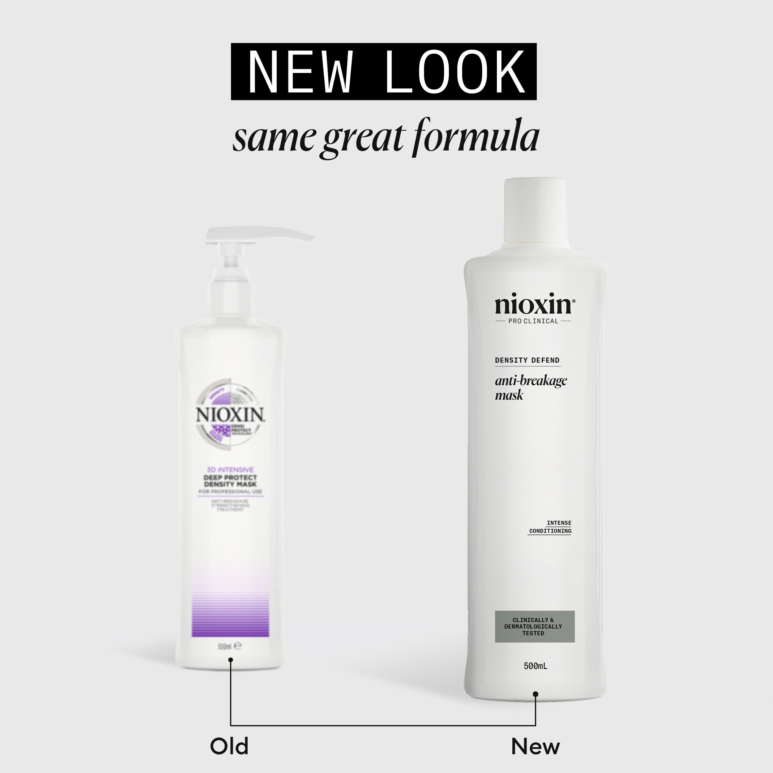 Deux flacons. Gauche: Ancien emballage. Droite: Nouvel emballage. Texte: New Look, same great formula. Nioxin.