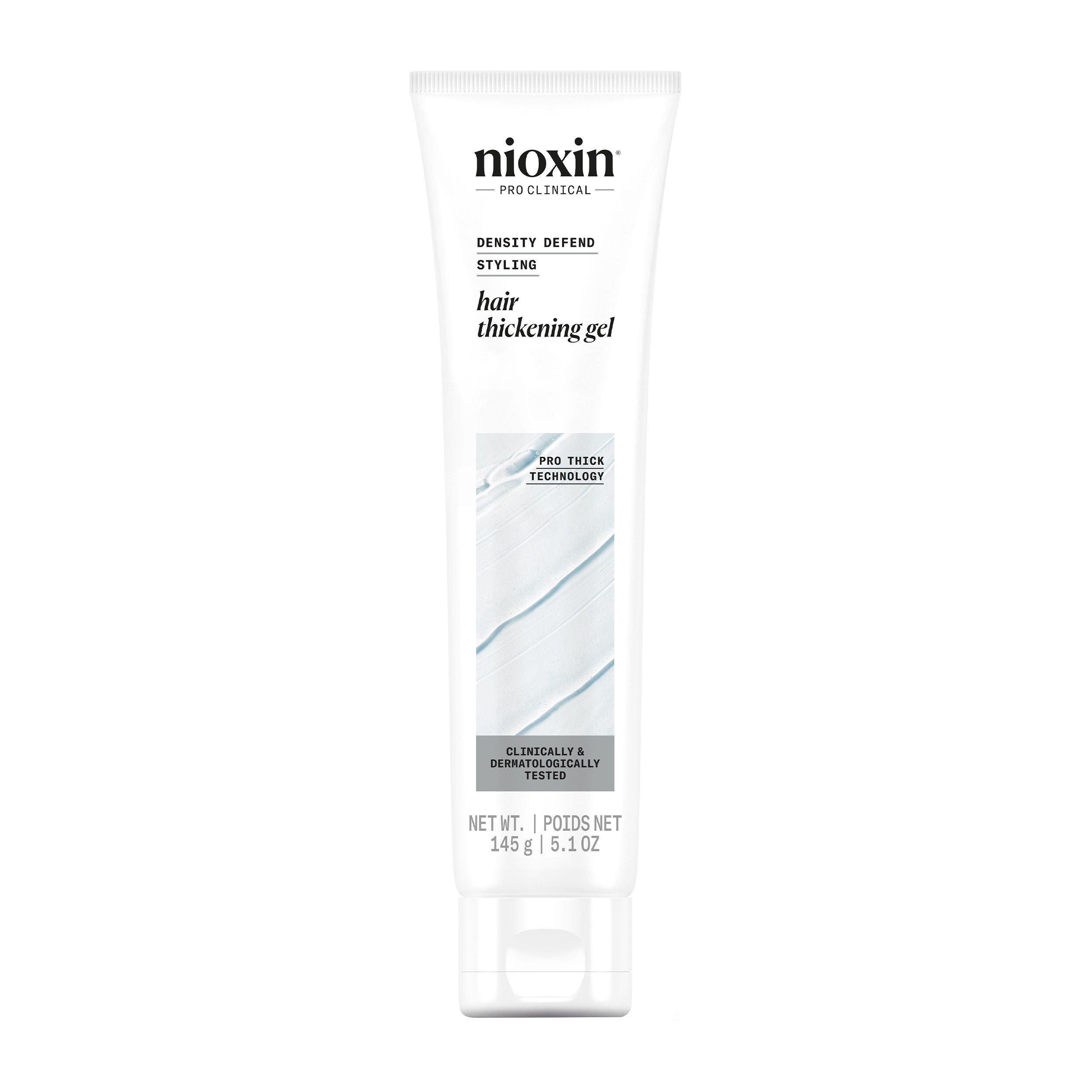 Tube blanc Nioxin. Contient 'Hair Thickening Gel' en anglais. 'Pro Thick Technology' et 'Clinically & Dermatologically Tested'.