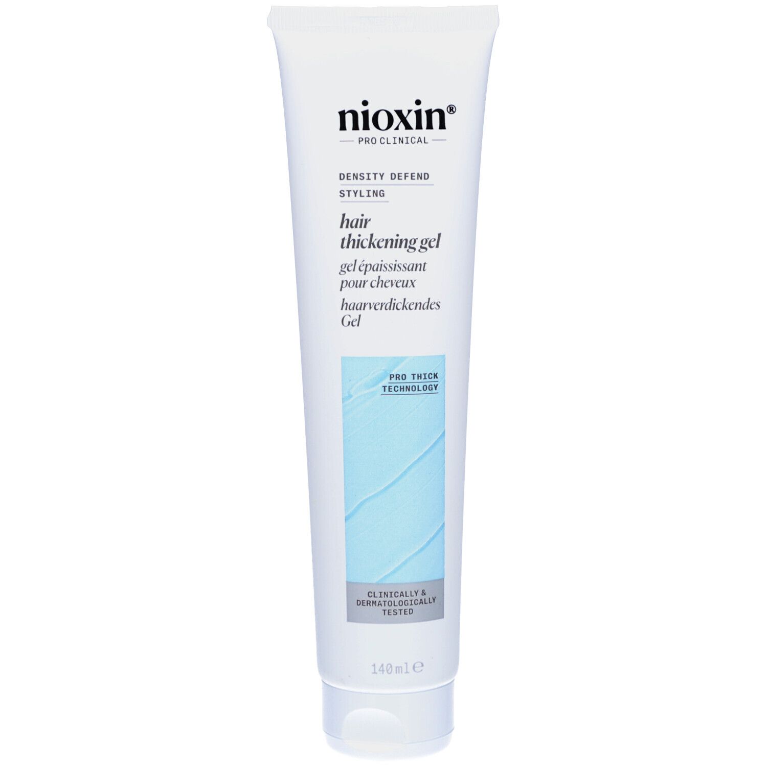 Tube blanc Nioxin. Contient 'Hair Thickening Gel'. Inscriptions en anglais et français. Design bleu. 'Pro Thick Technology'.