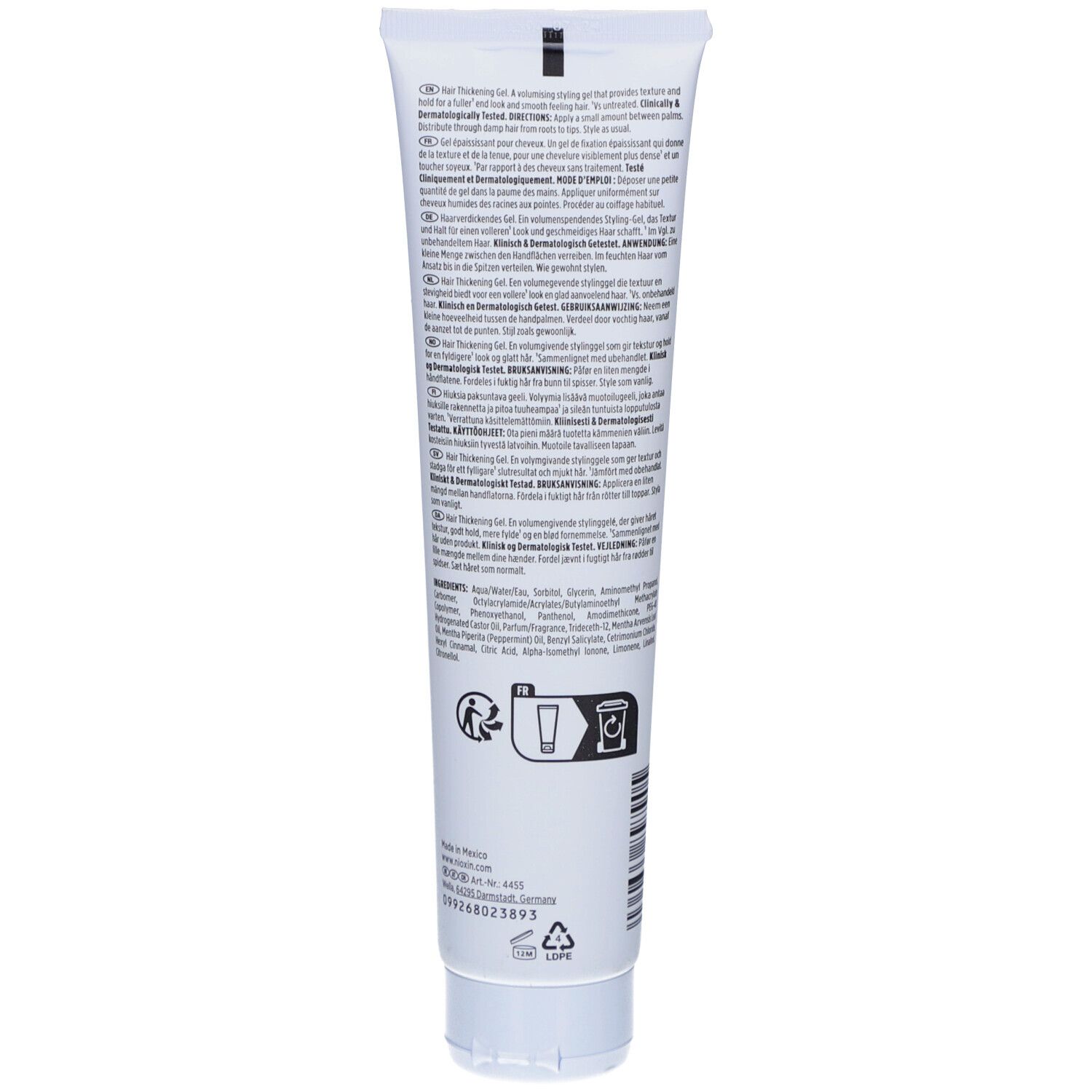 Dos d'un tube blanc. Texte multilingue. Pictogrammes et informations de recyclage. Informations du fabricant.