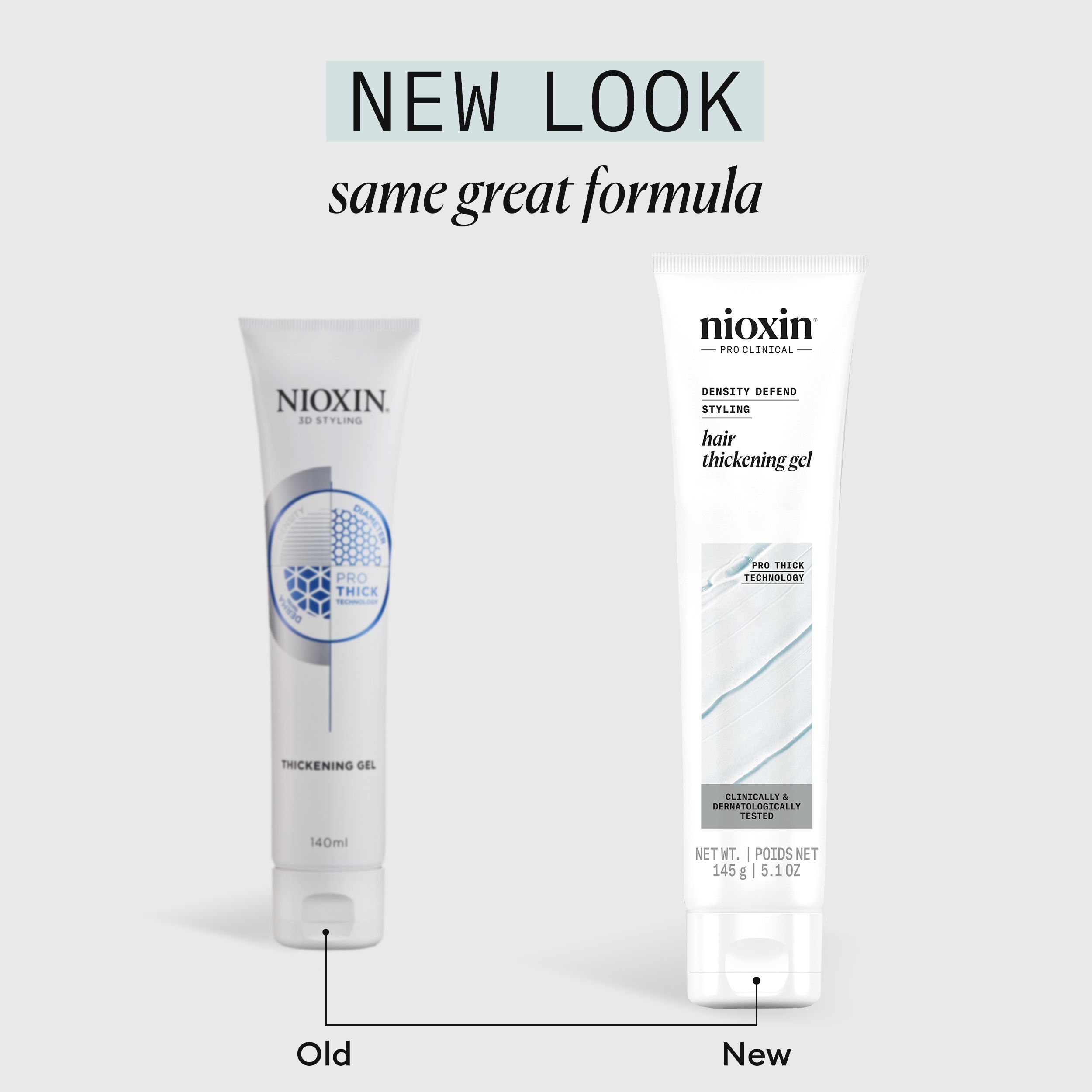 Comparaison de deux tubes Nioxin. À gauche : ancien design. À droite : nouveau design. Tous deux contiennent 'Hair Thickening Gel'.
