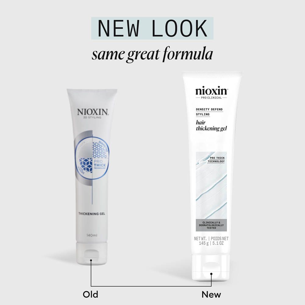 Deux tubes de gel épaississant pour cheveux Nioxin, ancien et nouveau.