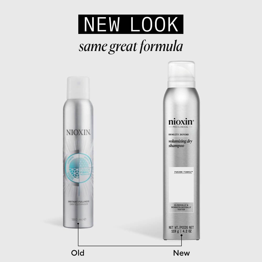 Shampoing sec Nioxin Density Defend Volumizing dans une boîte argentée.