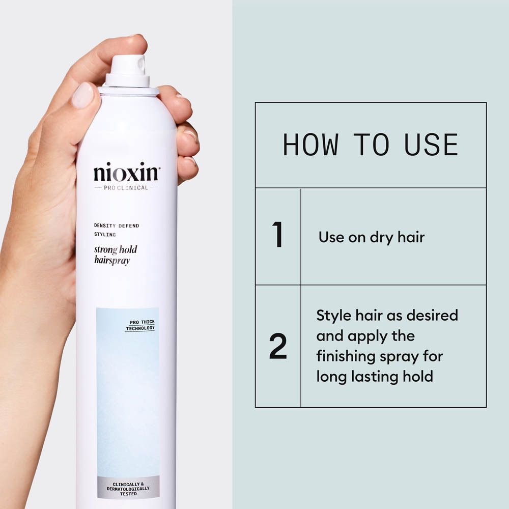 Vue latérale de la bombe Nioxin Strong Hold Hairspray avec symboles d'avertissement.