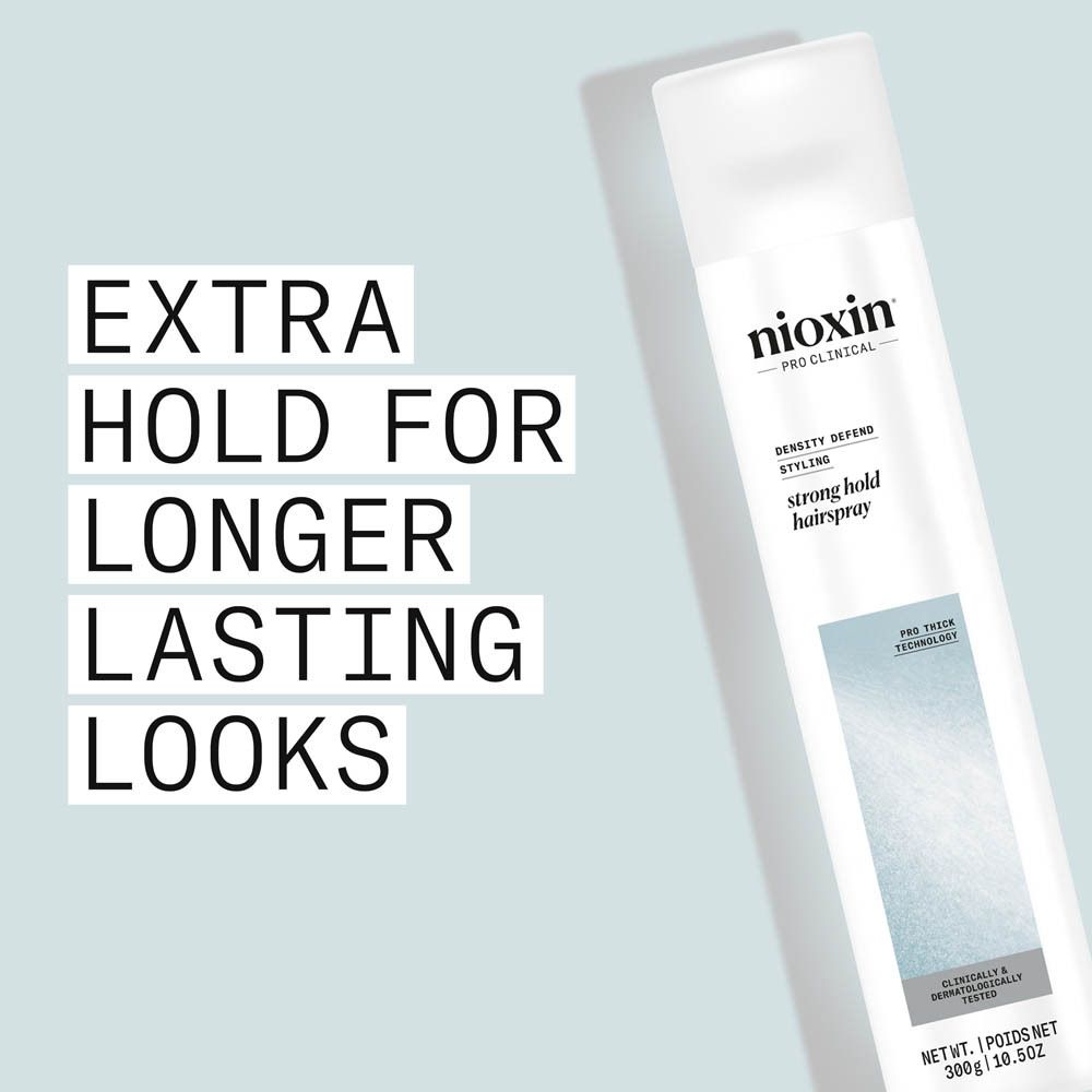 Vue latérale de la bombe Nioxin Strong Hold Hairspray avec informations produit.