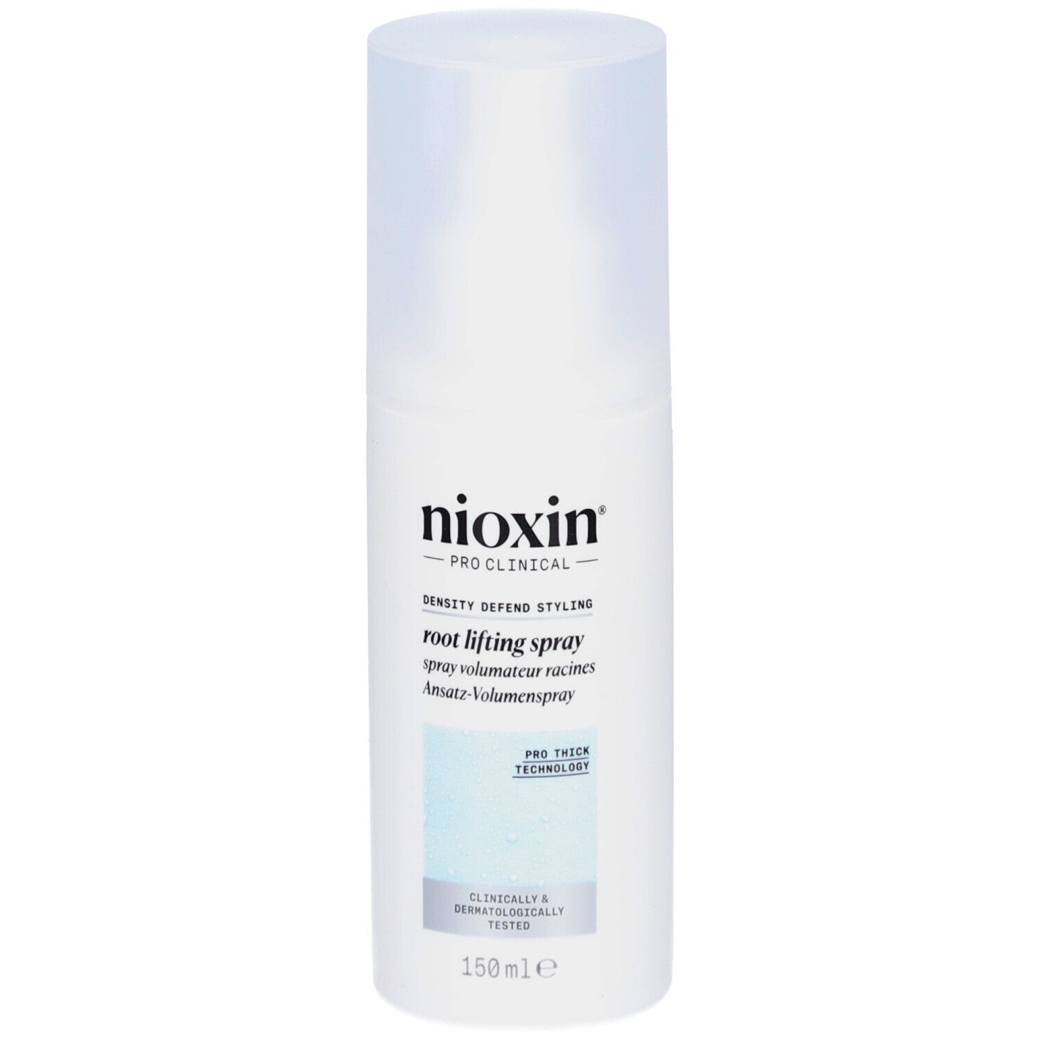 Spray volumateur racines Nioxin Pro Clinical. Flacon blanc avec bouchon. Inscriptions et logos sur le devant.