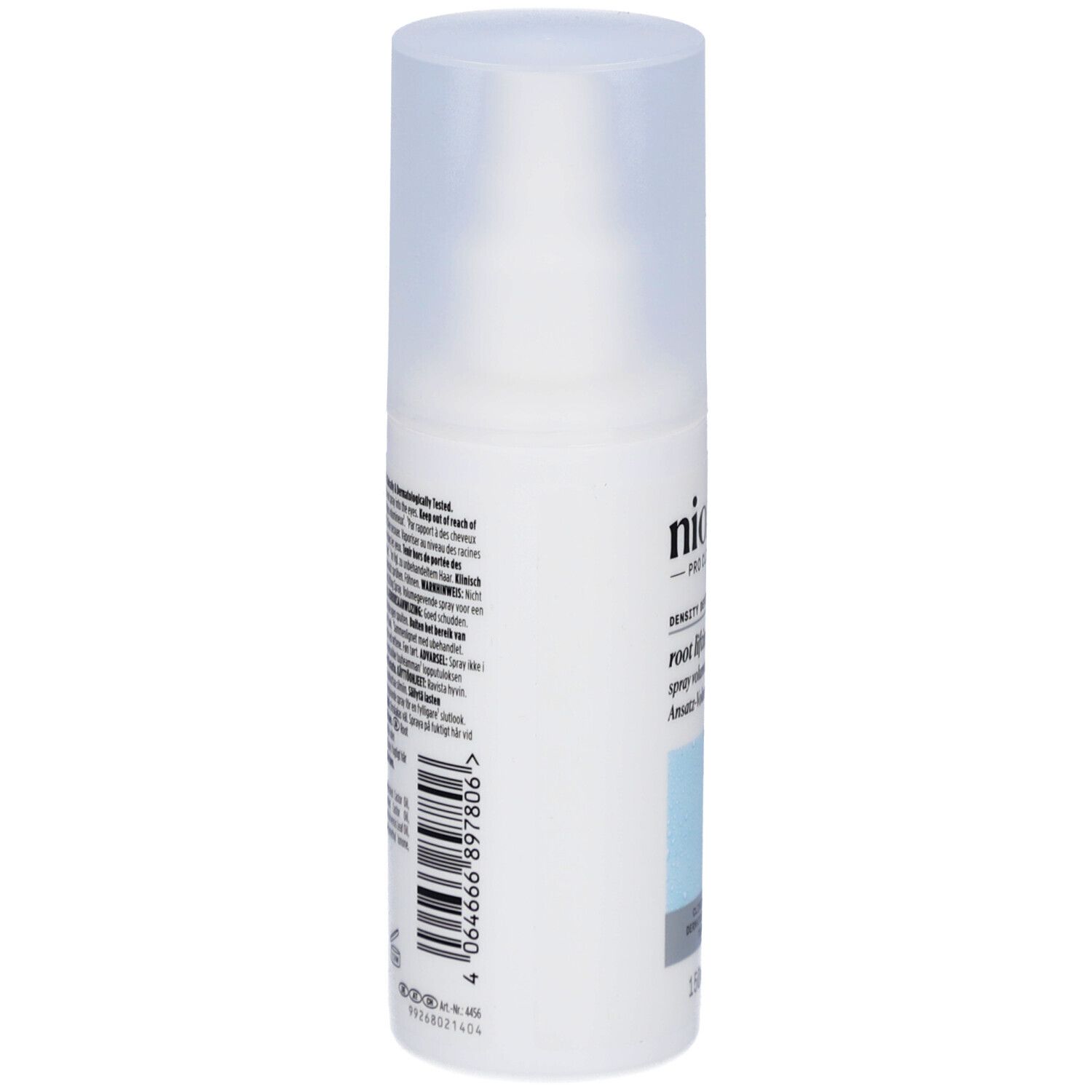 Dos du flacon de spray volumateur racines Nioxin. Texte multilingue. Code-barres et informations fabricant.