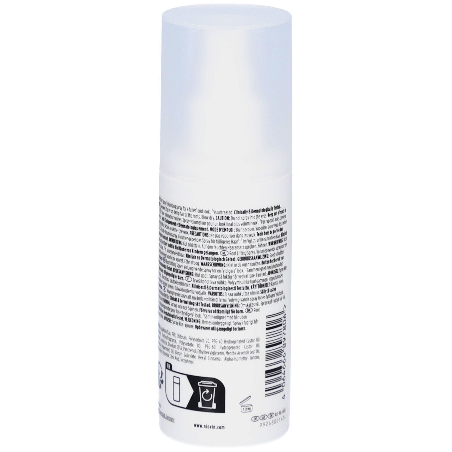 Dos du flacon de spray volumateur racines Nioxin. Texte multilingue. Pictogrammes et code-barres.