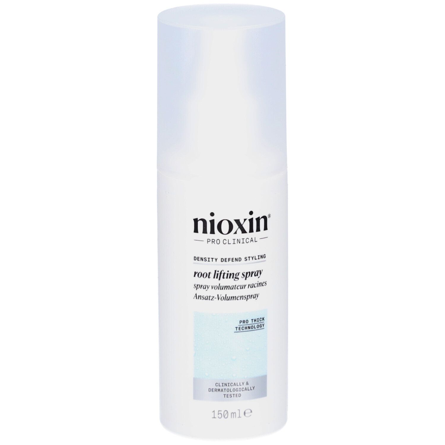 Spray volumateur racines Nioxin Pro Clinical. Flacon blanc avec bouchon. Inscriptions et logos sur le devant.