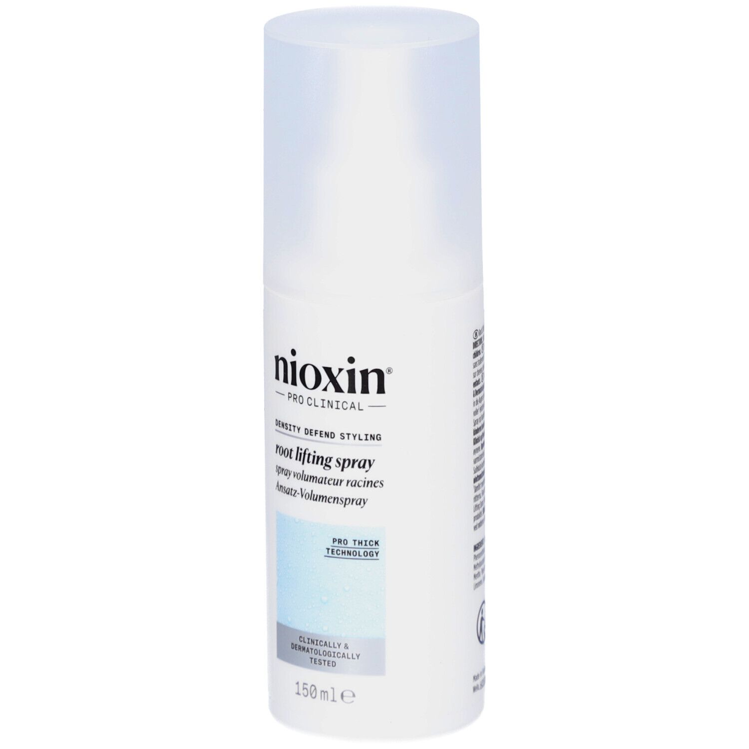 Spray volumateur racines Nioxin Pro Clinical. Flacon blanc avec bouchon. Inscriptions et logos sur le devant.